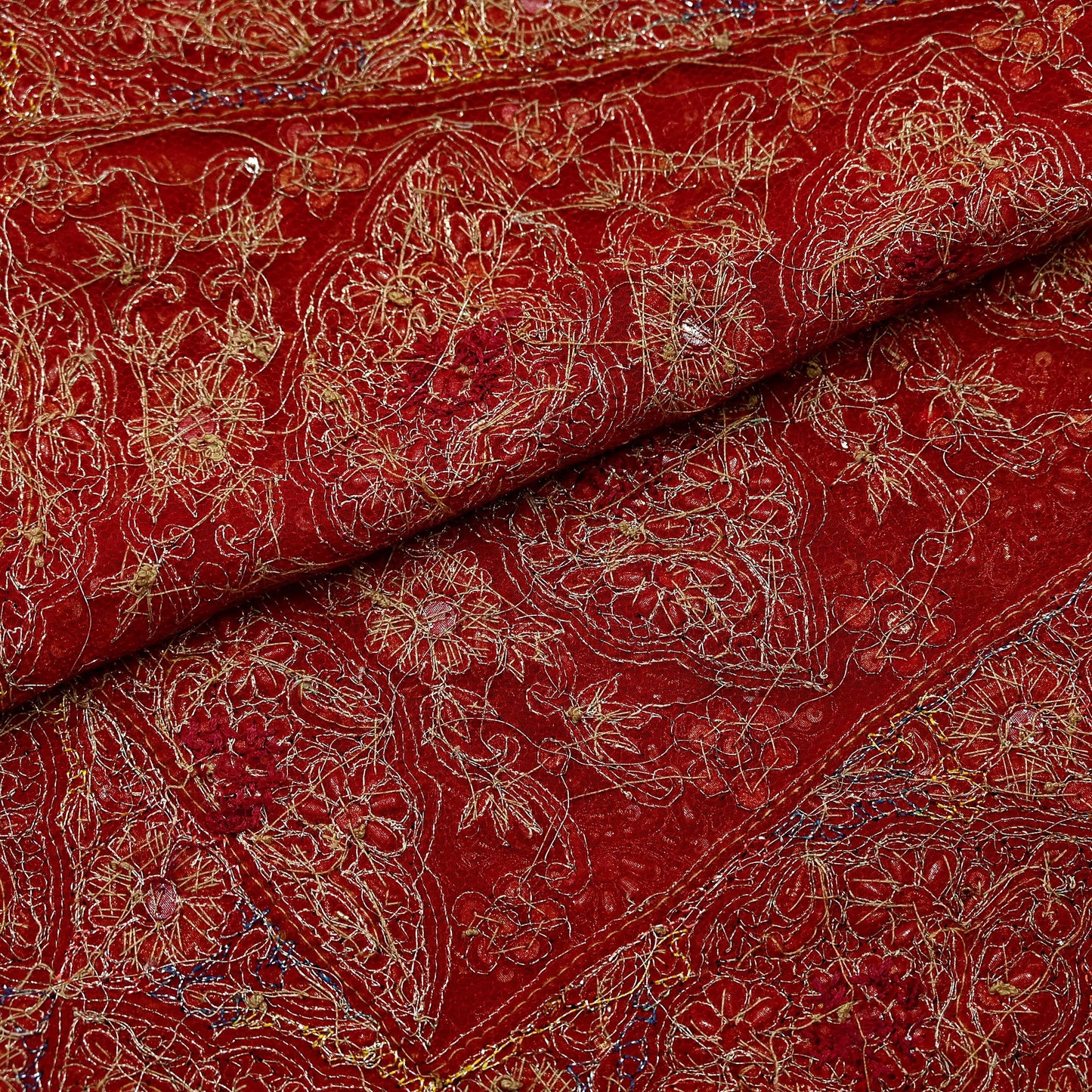 Indian Vintage Heavy Red Dupatta Pure Georgette Silk Long Stole Hand Embroidered Scarf Zardozi/Dabka Bridal/Wedding Veil Hijab