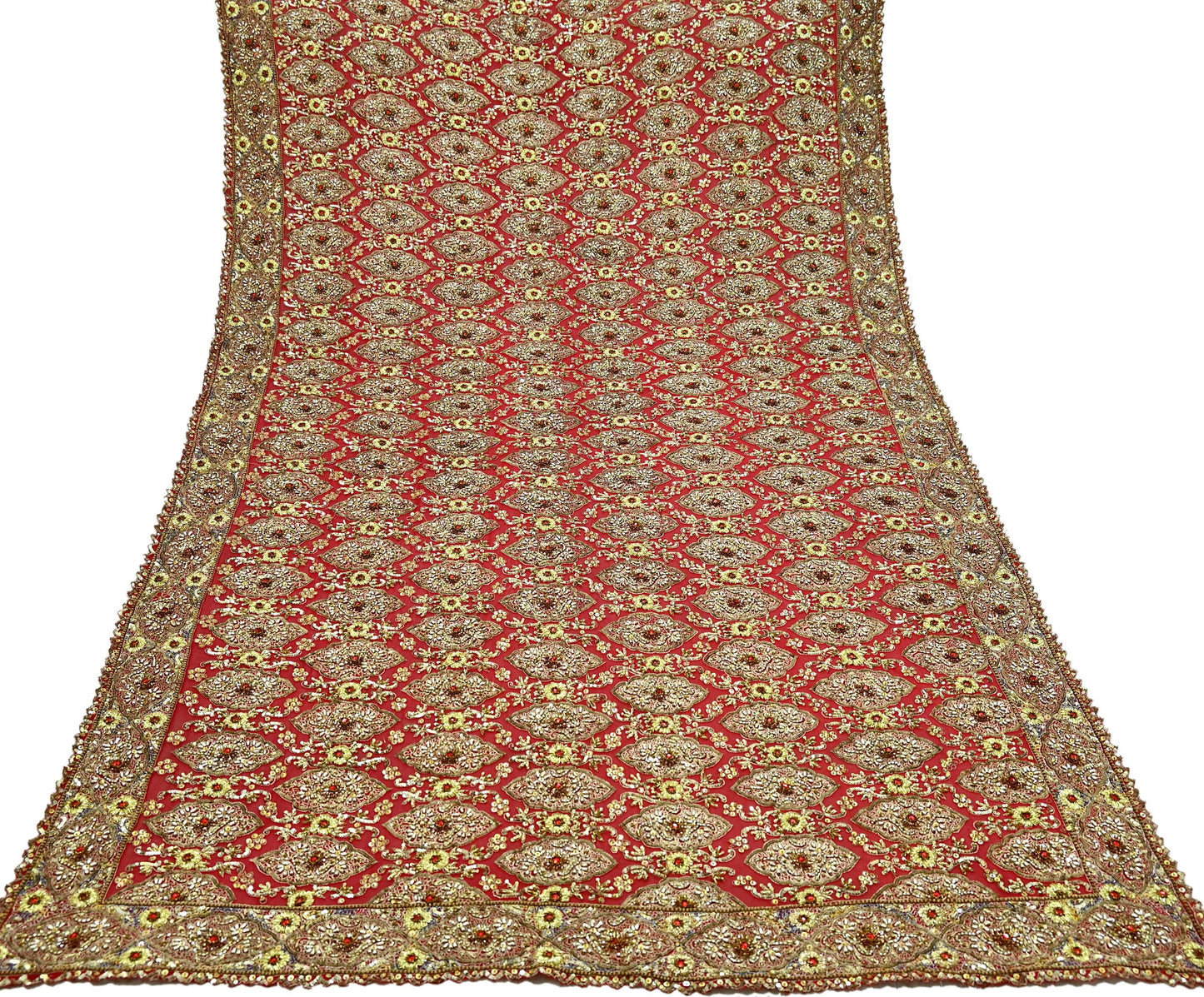 Indian Vintage Heavy Red Dupatta Pure Georgette Silk Long Stole Hand Embroidered Scarf Zardozi/Dabka Bridal/Wedding Veil Hijab