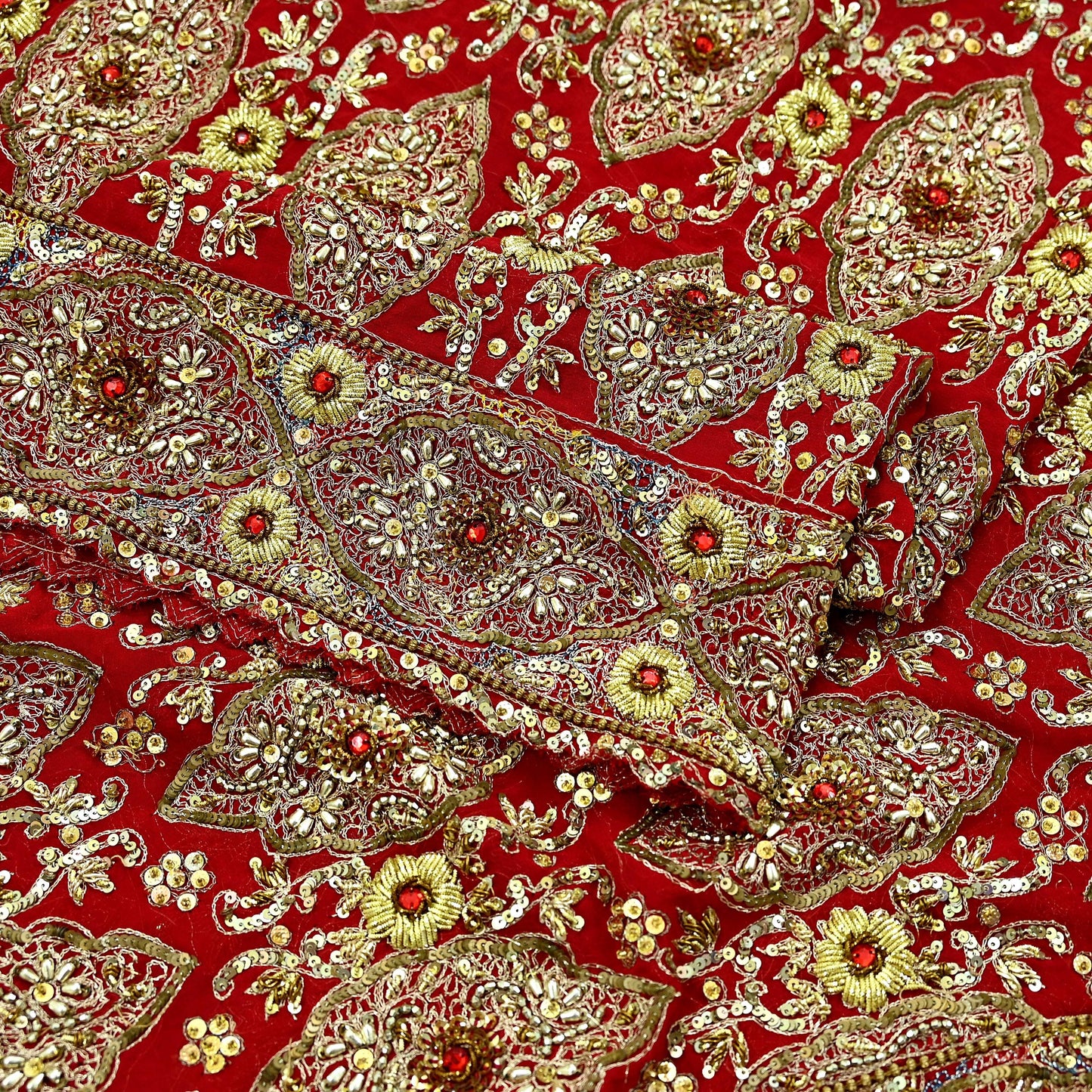 Indian Vintage Heavy Red Dupatta Pure Georgette Silk Long Stole Hand Embroidered Scarf Zardozi/Dabka Bridal/Wedding Veil Hijab