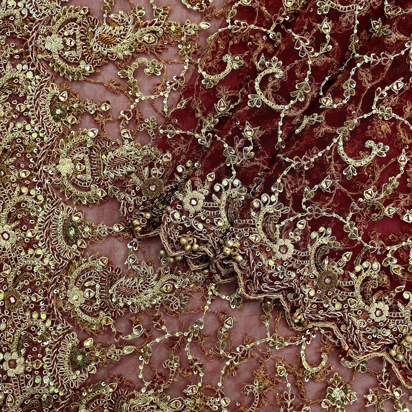 Indian Vintage Heavy Wedding Maroon Dupatta Net Mesh Long Stole Hand Embroidered Scarves Golden Zardozi Zari Sequins Dridal Veil Hijab