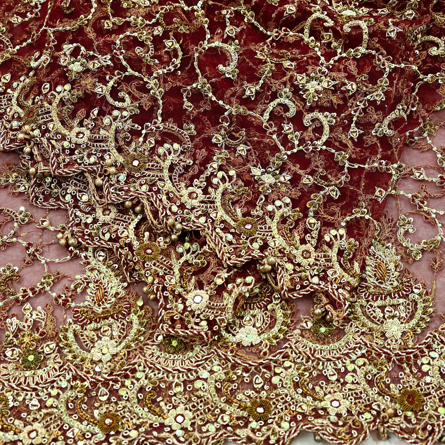 Indian Vintage Heavy Wedding Maroon Dupatta Net Mesh Long Stole Hand Embroidered Scarves Golden Zardozi Zari Sequins Dridal Veil Hijab