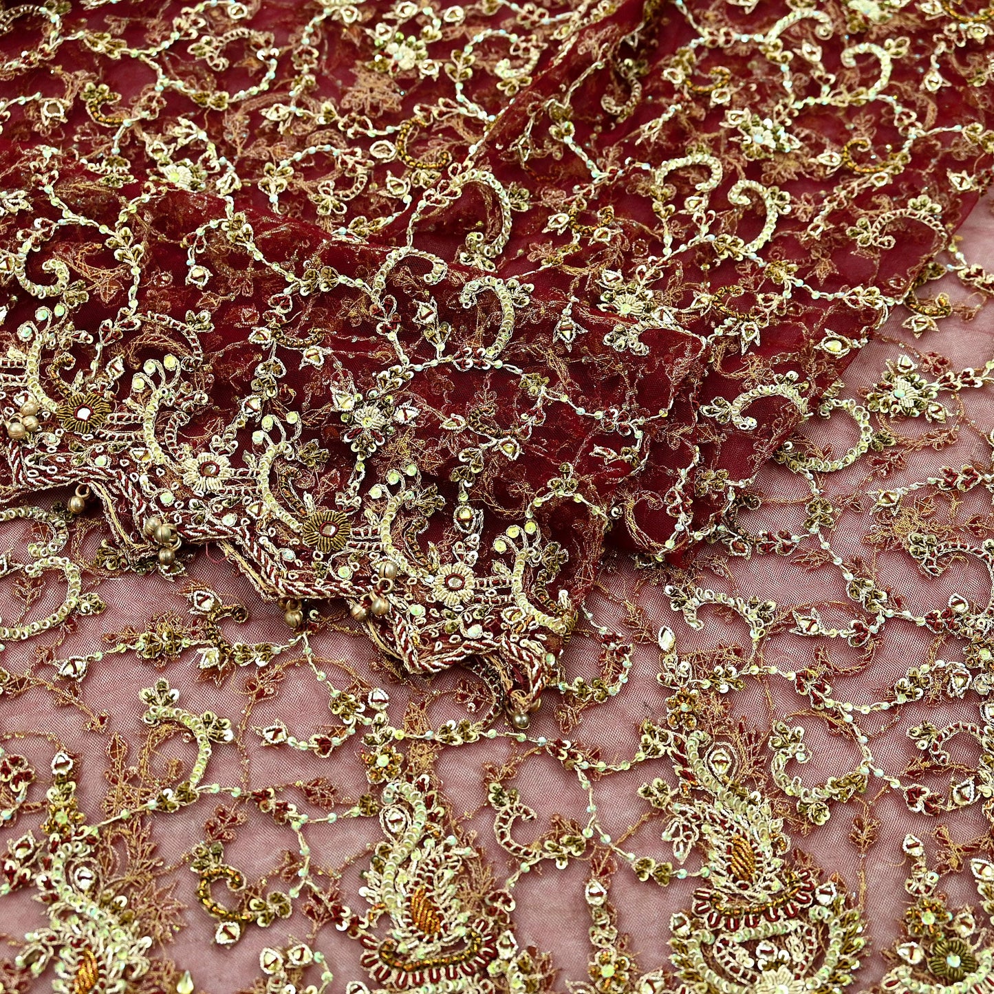 Indian Vintage Heavy Wedding Maroon Dupatta Net Mesh Long Stole Hand Embroidered Scarves Golden Zardozi Zari Sequins Dridal Veil Hijab
