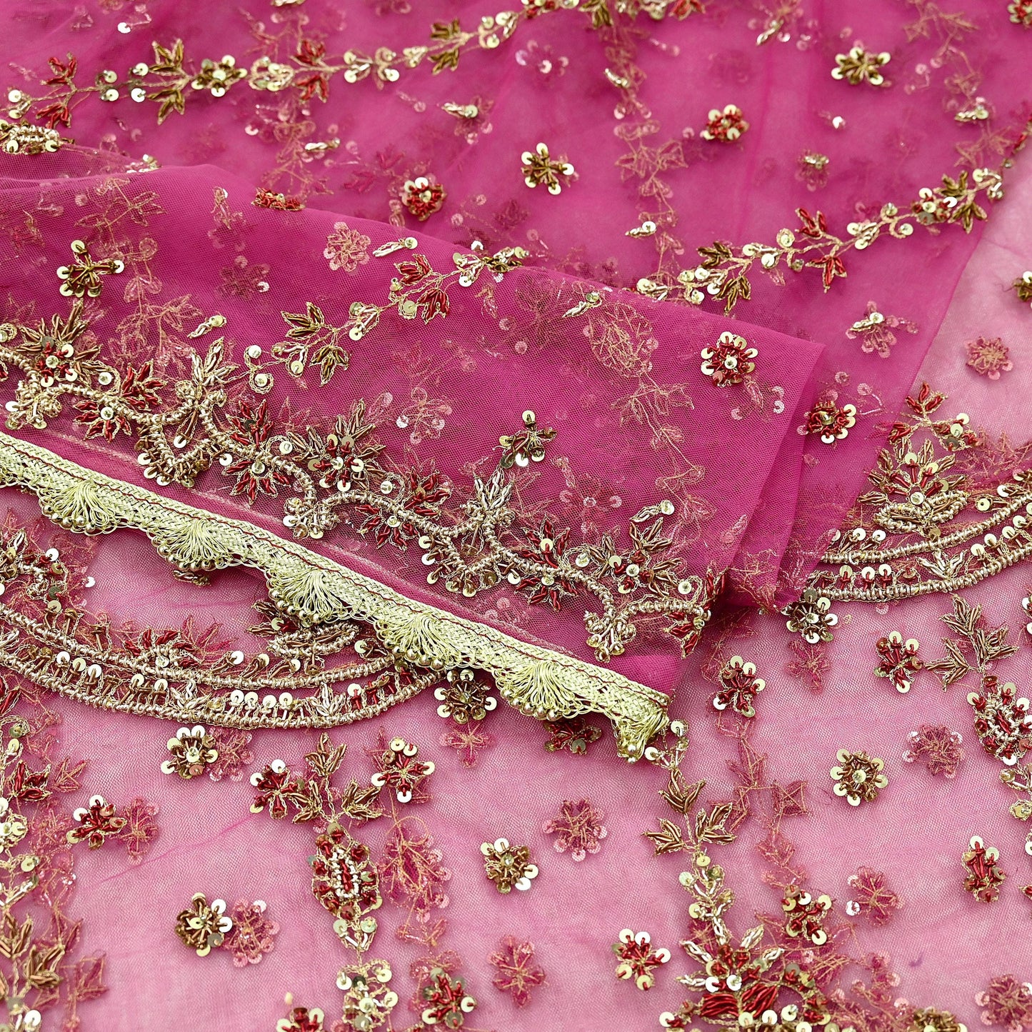Indian Vintage Pink Dupatta Net Mesh Long Stole Hand Embroidered Scarves Golden Zardozi Zari Sequins Wedding/ Bridal Veil Hijab