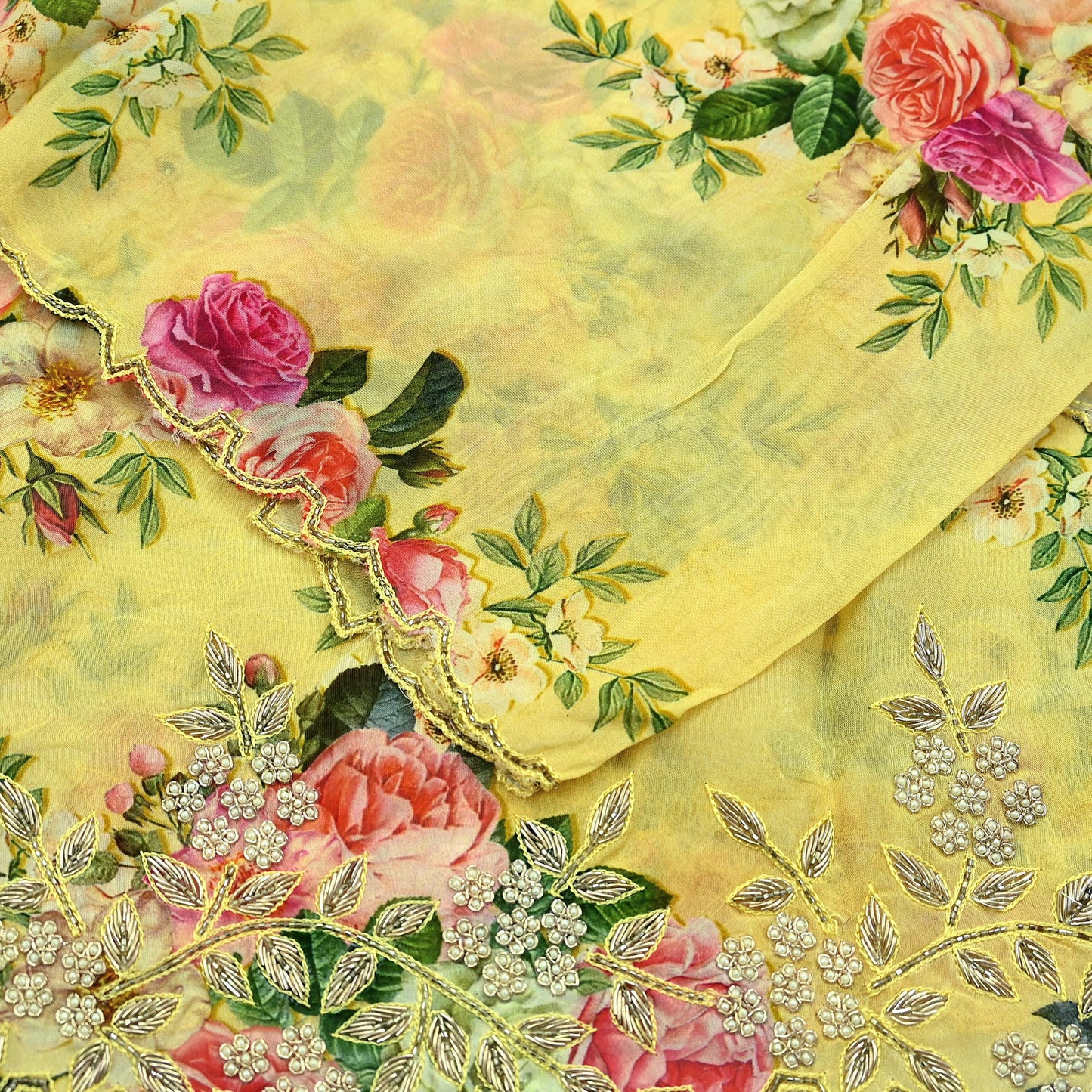 Women Indian Vintage Yellow Dupatta Long Stole Georgette Hand Embroidered Digital Printed Dupatta Veil Scarves soft Boho Wrap Dressmaking