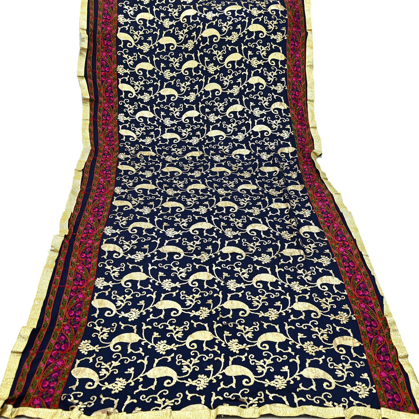 Indian Vintage Blue Dupatta Pure silk Long Stole Hand Embroidered Scarves Floral Design Stole Veil Wrap Sequins