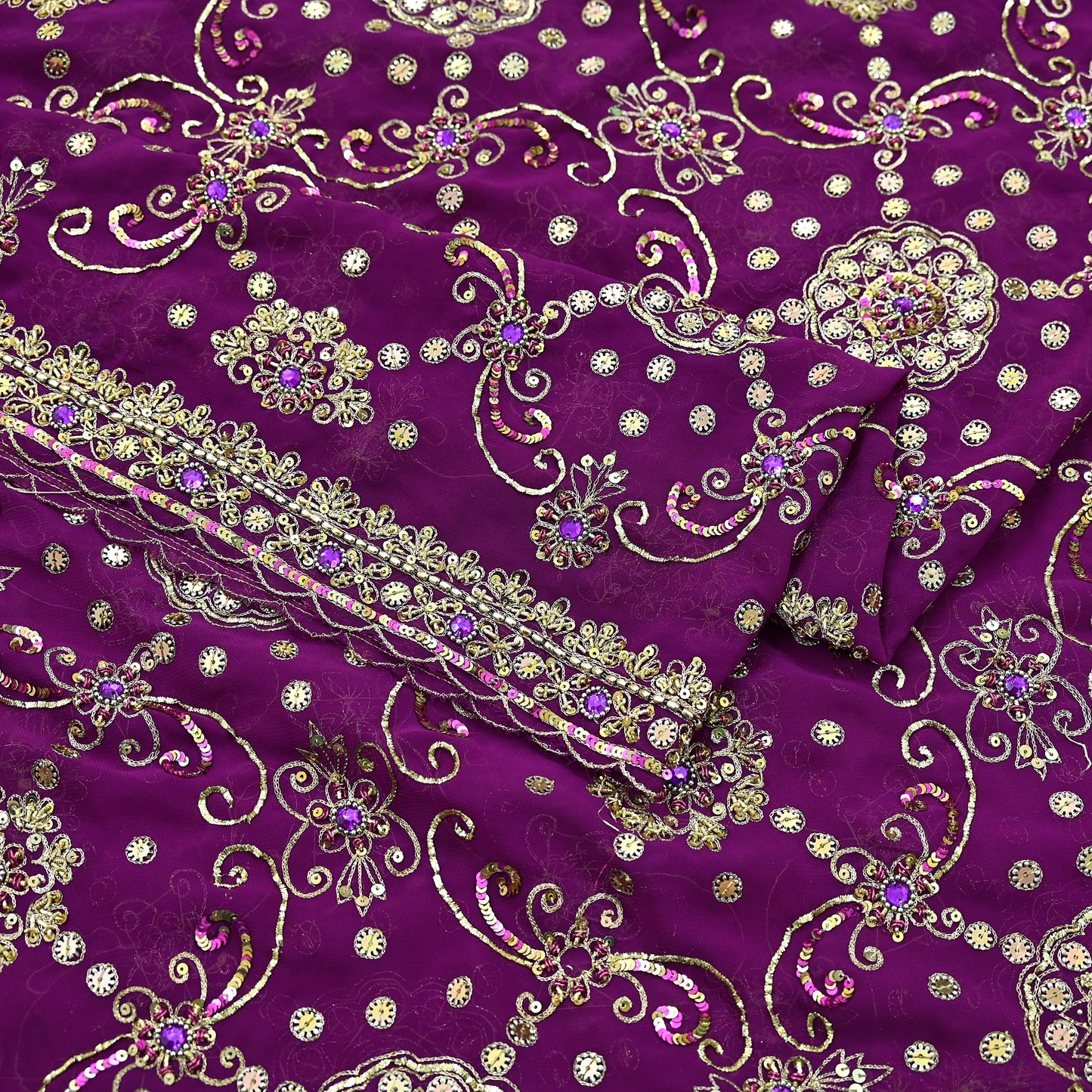 Indian Vintage Heavy Purple Dupatta Georgette Long Stole Hand Embroidered Scarf Zari Zardozi Wedding/Bridal Veil Hijab