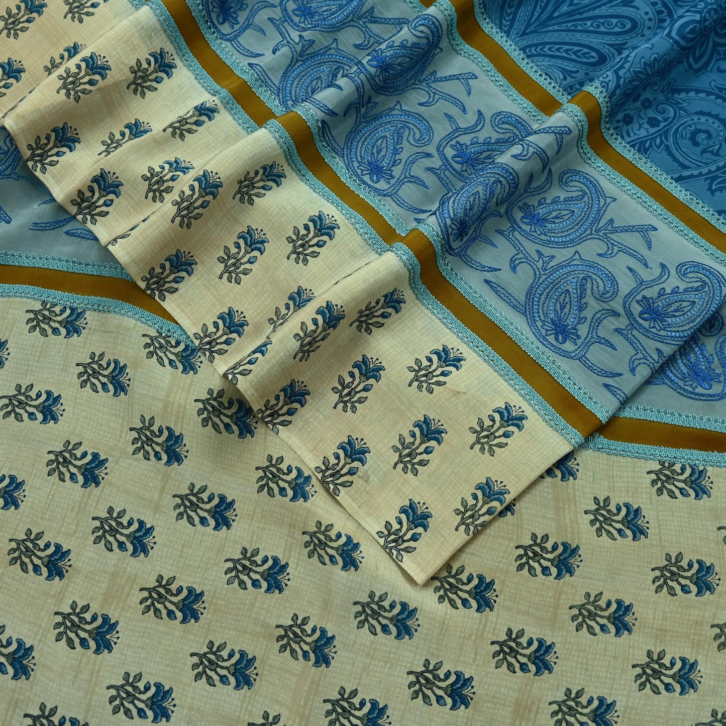 Indian Vintage Blue Saree Pure Crepe Silk Hand Embroidered Sari Craft Fabric 5yd Sewing Floral Sequins Dress making Crafting Quilting