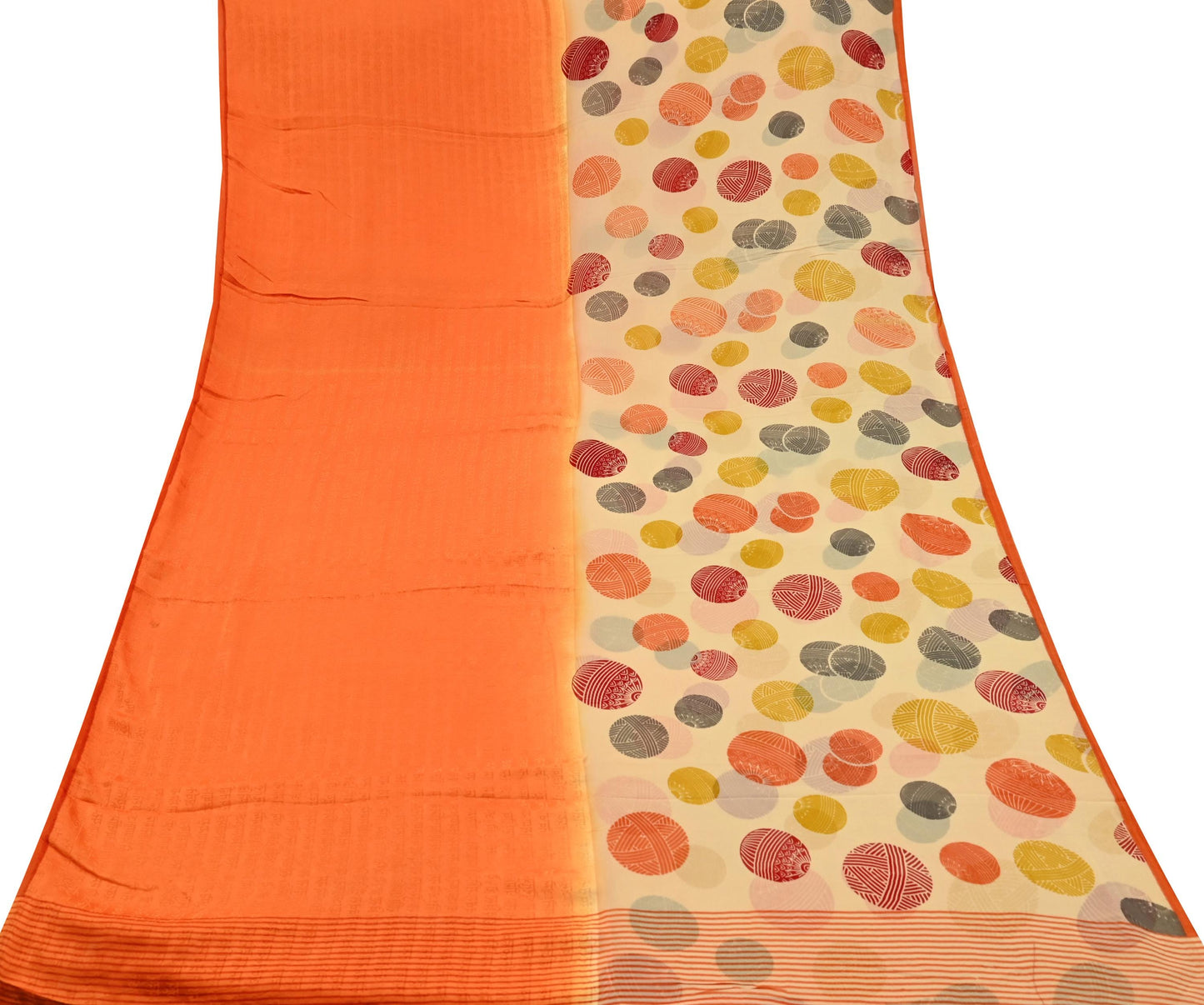 Indian Vintage Sari Orange & Beige Pure Crepe Silk Hand Woven Sarees 5yd Sewing Craft Fabric Dress making Crafting Quilting