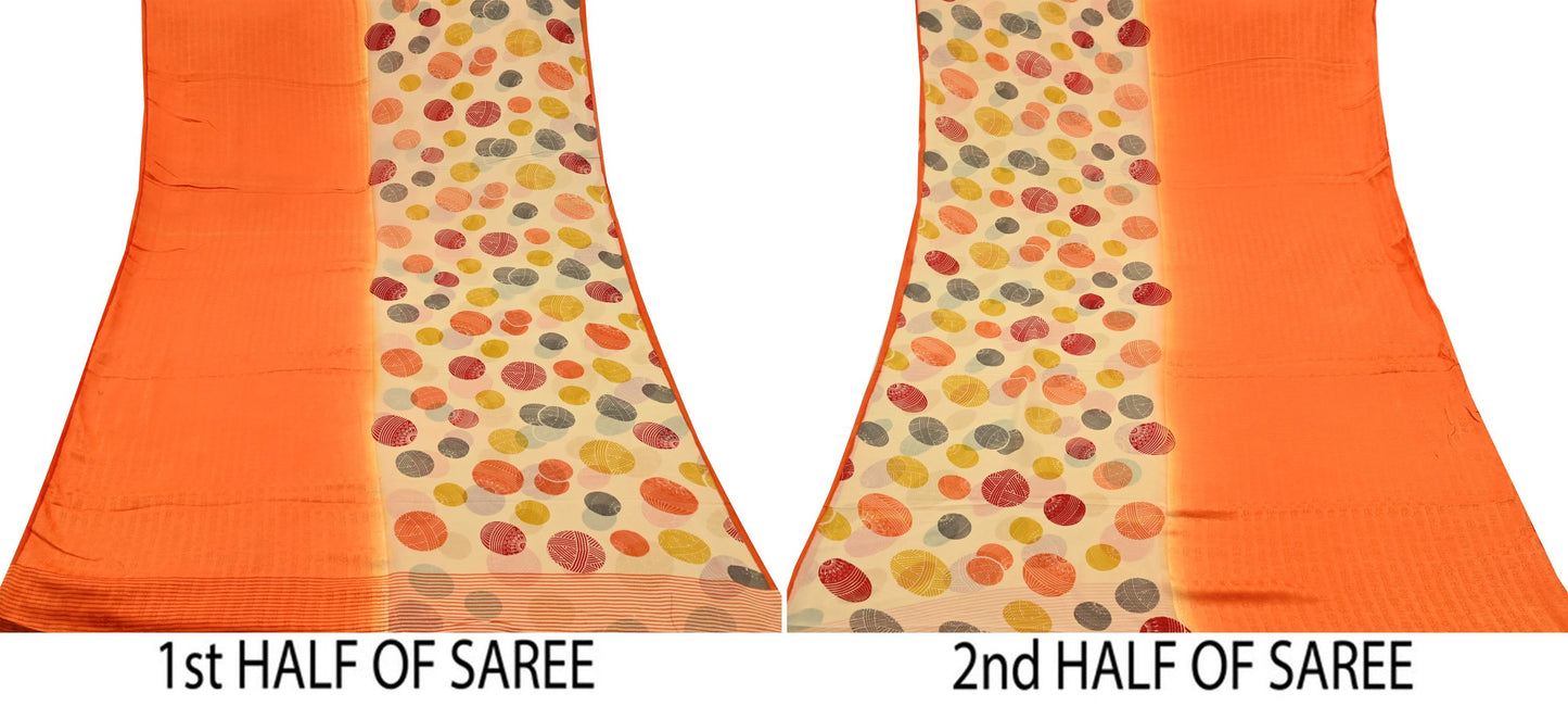 Indian Vintage Sari Orange & Beige Pure Crepe Silk Hand Woven Sarees 5yd Sewing Craft Fabric Dress making Crafting Quilting