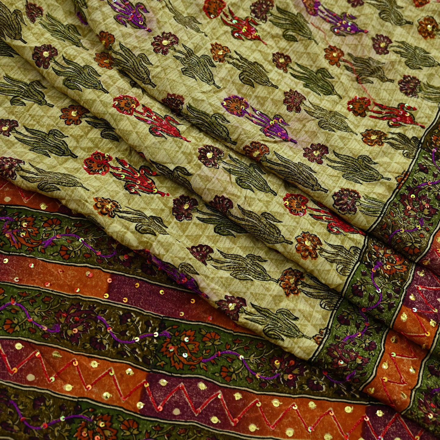 Indian Vintage Sari Multi Pure Crepe Silk Hand Embroidered Saree 5yd Craft Fabric Sewing Paisley Sequins Dress Making Crafting Quilting