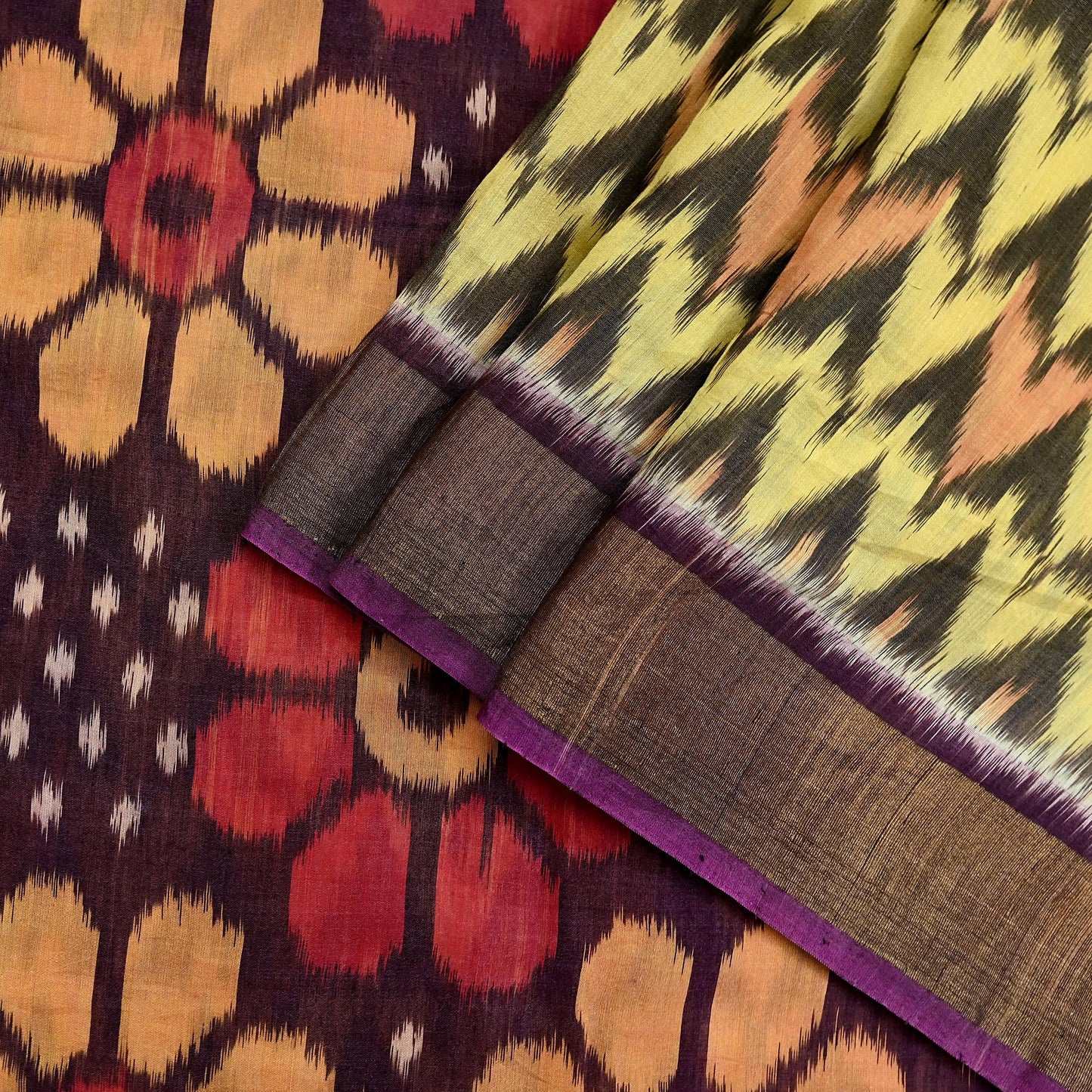 Indian Vintage Beige & Brown Saree Pure Silk Pochampally Hand Woven Ikat Sari Craft Fabric 5Yd Ethnic Zari Border Dress making Fringes