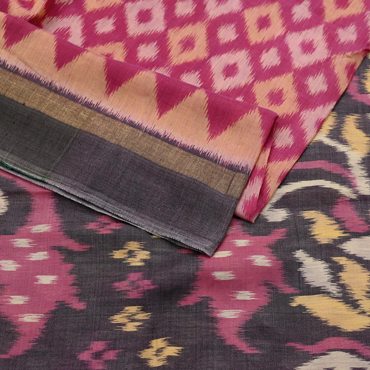 Indian Vintage Pink & Brown Saree Pure Silk Pochampally Hand Woven Ikat Sari Craft Fabric 5Yd Ethnic Zari Border Dress making Fringes