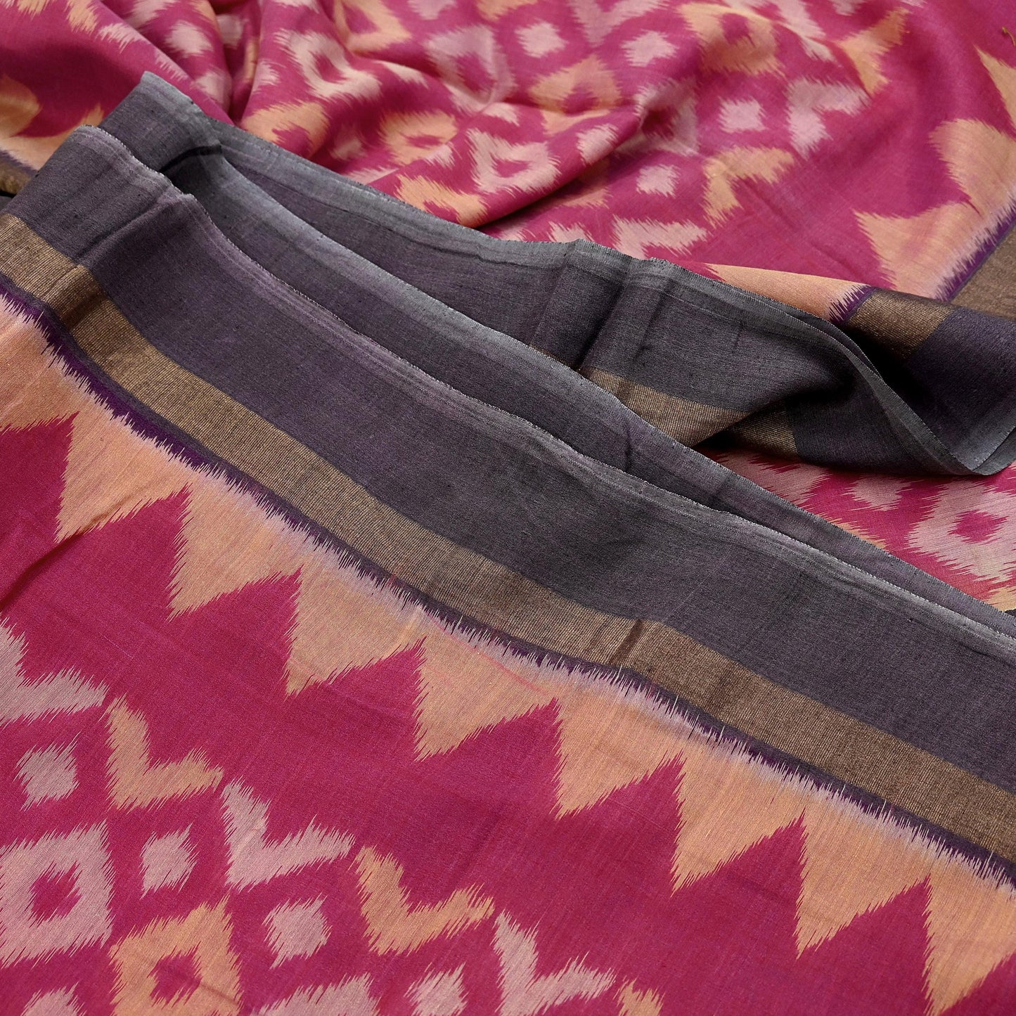 Indian Vintage Pink & Brown Saree Pure Silk Pochampally Hand Woven Ikat Sari Craft Fabric 5Yd Ethnic Zari Border Dress making Fringes