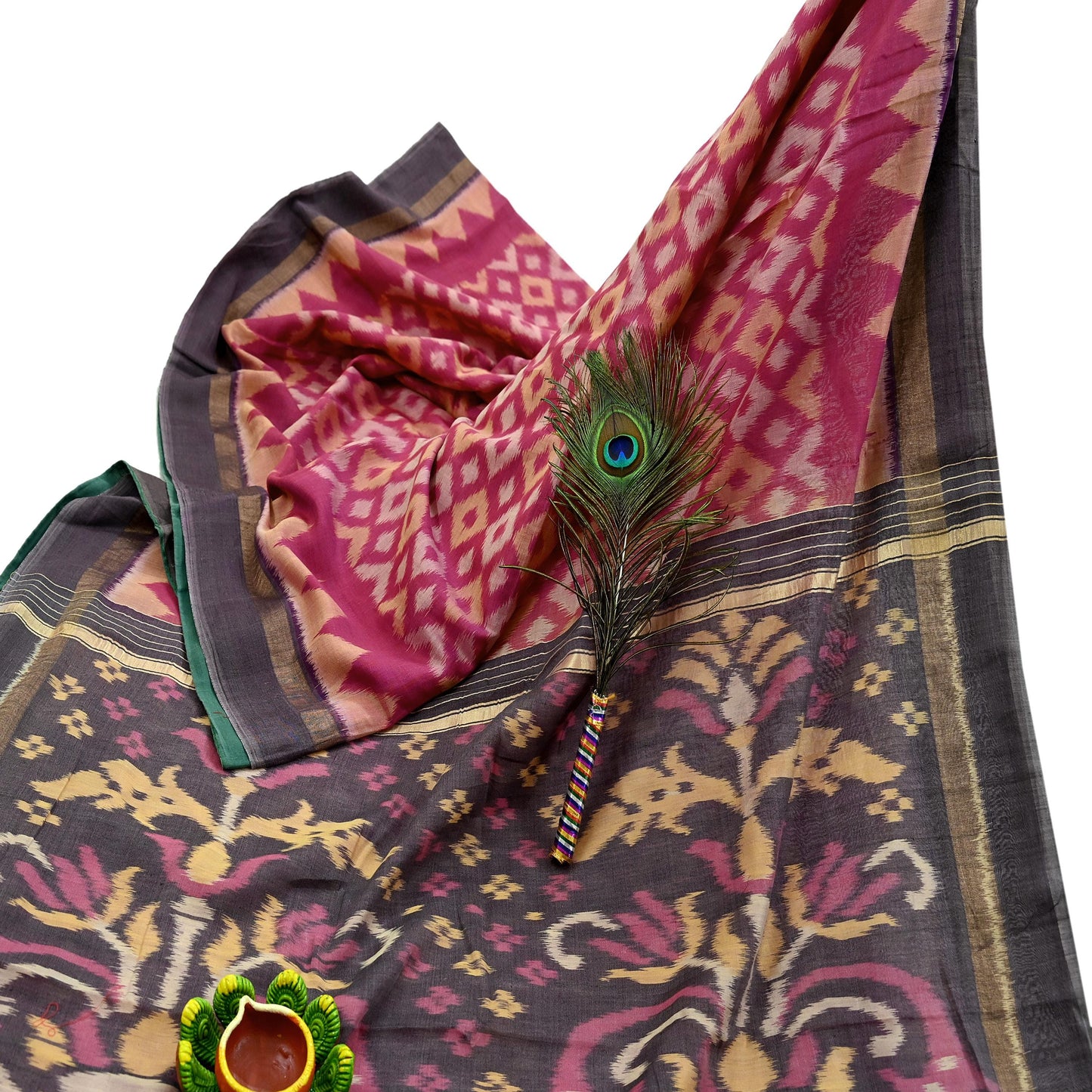 Indian Vintage Pink & Brown Saree Pure Silk Pochampally Hand Woven Ikat Sari Craft Fabric 5Yd Ethnic Zari Border Dress making Fringes