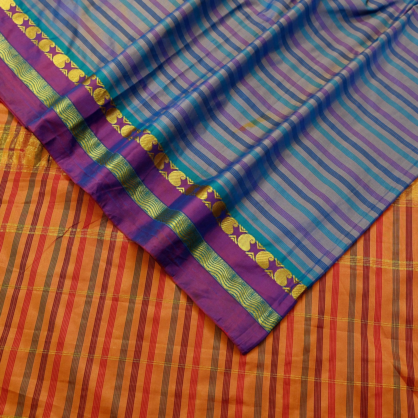 Indian Vintage Sari Blue & Saffron Artificial Silk Hand Woven Sarees 5yd Ethnic Craft Fabric Sewing Dress making Crafting