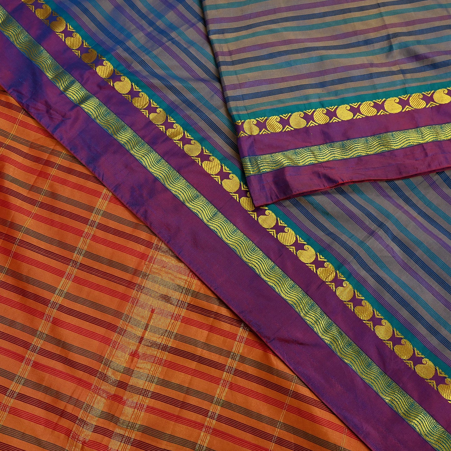 Indian Vintage Sari Blue & Saffron Artificial Silk Hand Woven Sarees 5yd Ethnic Craft Fabric Sewing Dress making Crafting