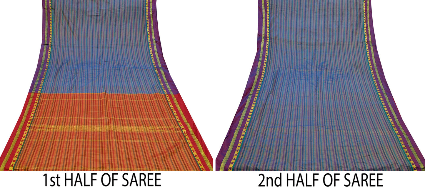 Indian Vintage Sari Blue & Saffron Artificial Silk Hand Woven Sarees 5yd Ethnic Craft Fabric Sewing Dress making Crafting