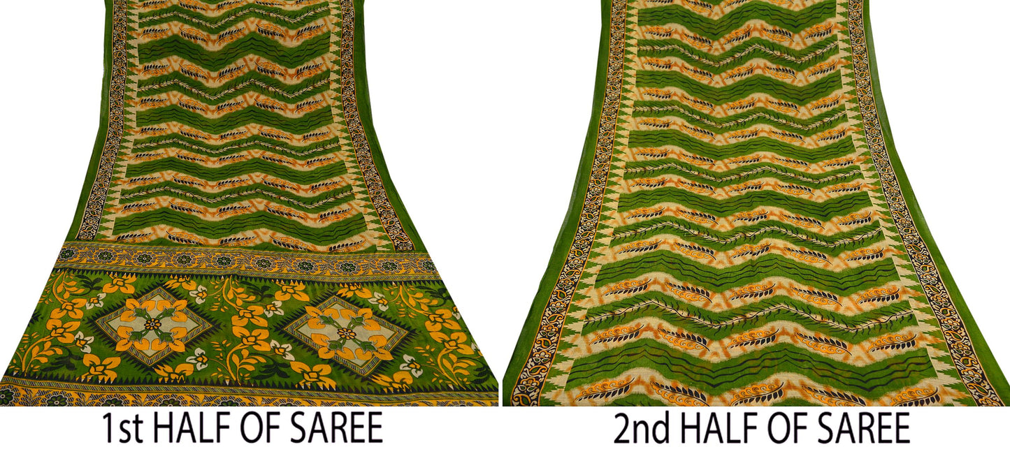 Indian Vintage Green Saree Printed Pure Cotton Sari Craft Fabric Soft 5Yd Sewing Sarong Wrap Boho Floral Dress making Crafting Quilting