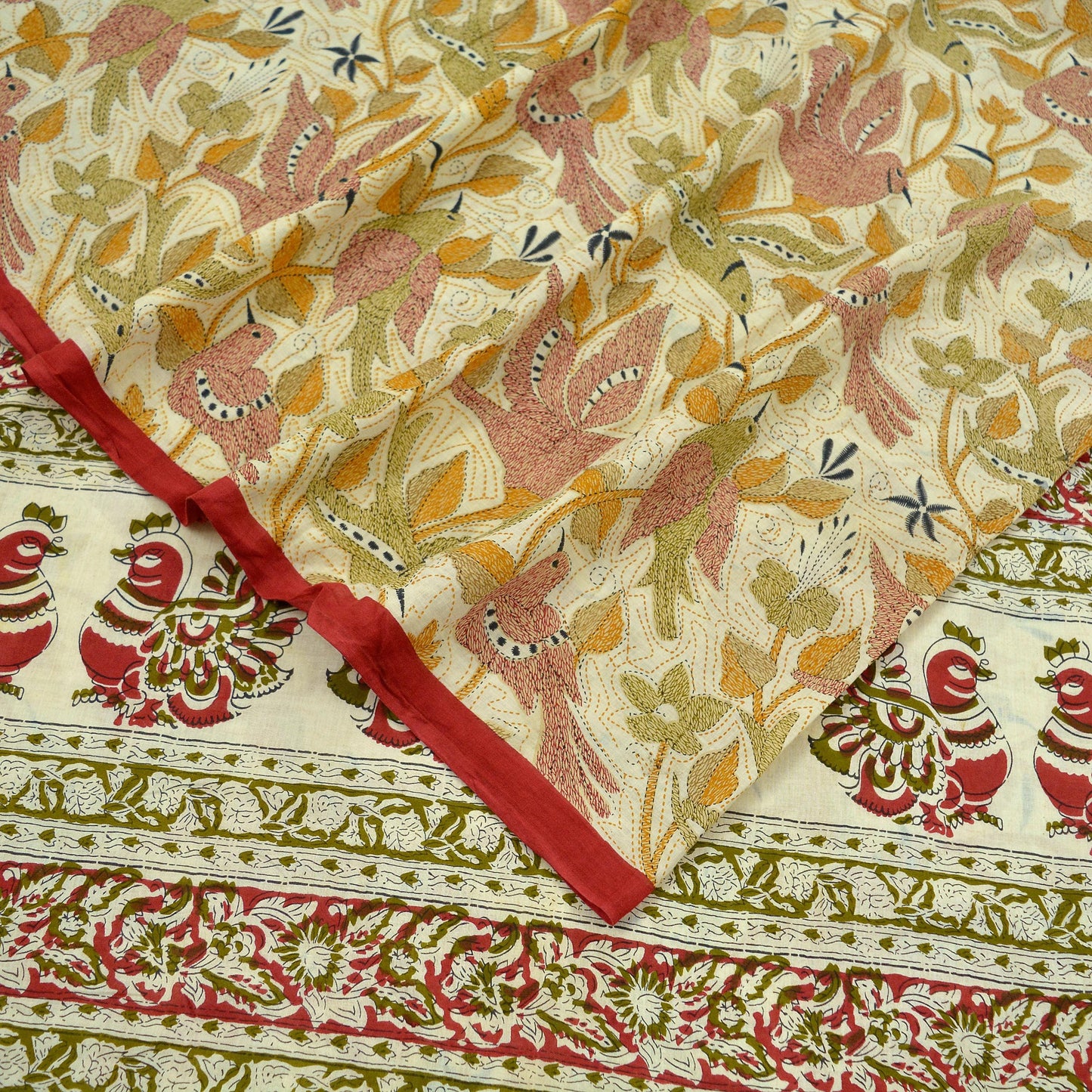 Indian Vintage Sari Ivory Printed Pure Cotton Sarees 5Yd Craft Fabric Soft Sewing Sarong Wrap Boho Upcycle quilting Dress making