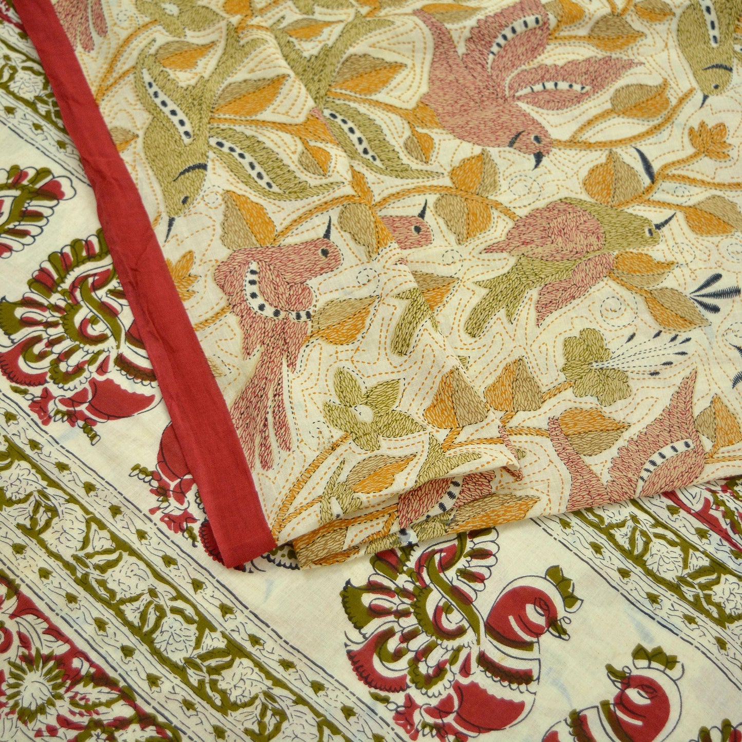 Indian Vintage Sari Ivory Printed Pure Cotton Sarees 5Yd Craft Fabric Soft Sewing Sarong Wrap Boho Upcycle quilting Dress making