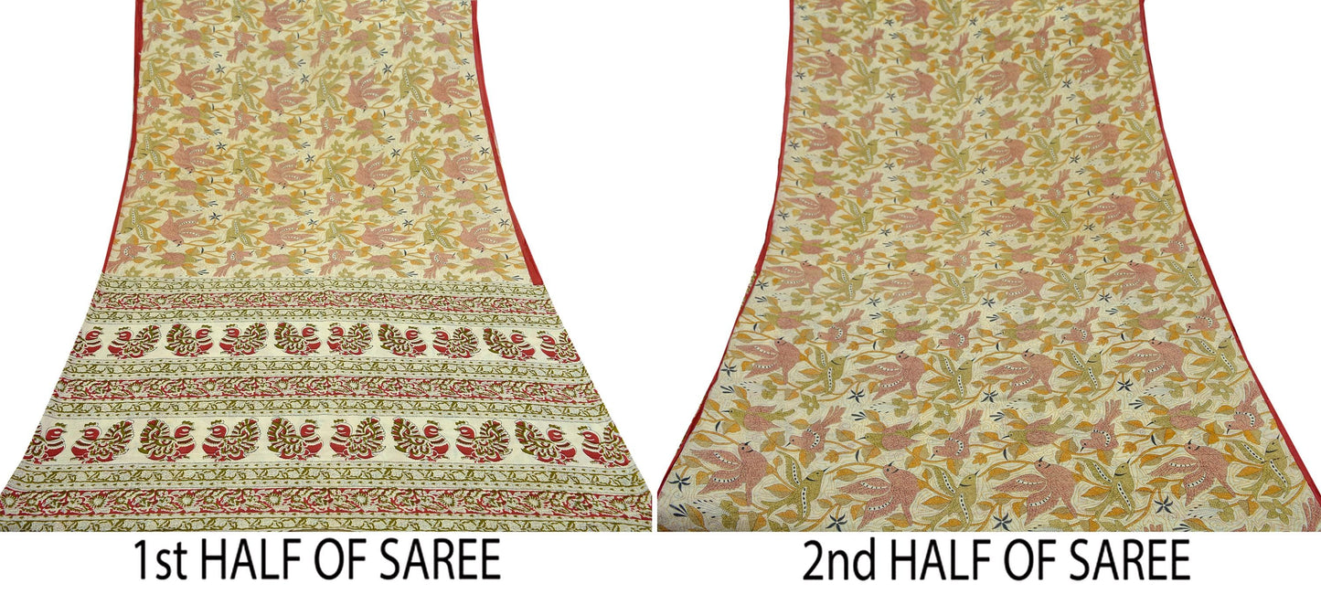 Indian Vintage Sari Ivory Printed Pure Cotton Sarees 5Yd Craft Fabric Soft Sewing Sarong Wrap Boho Upcycle quilting Dress making