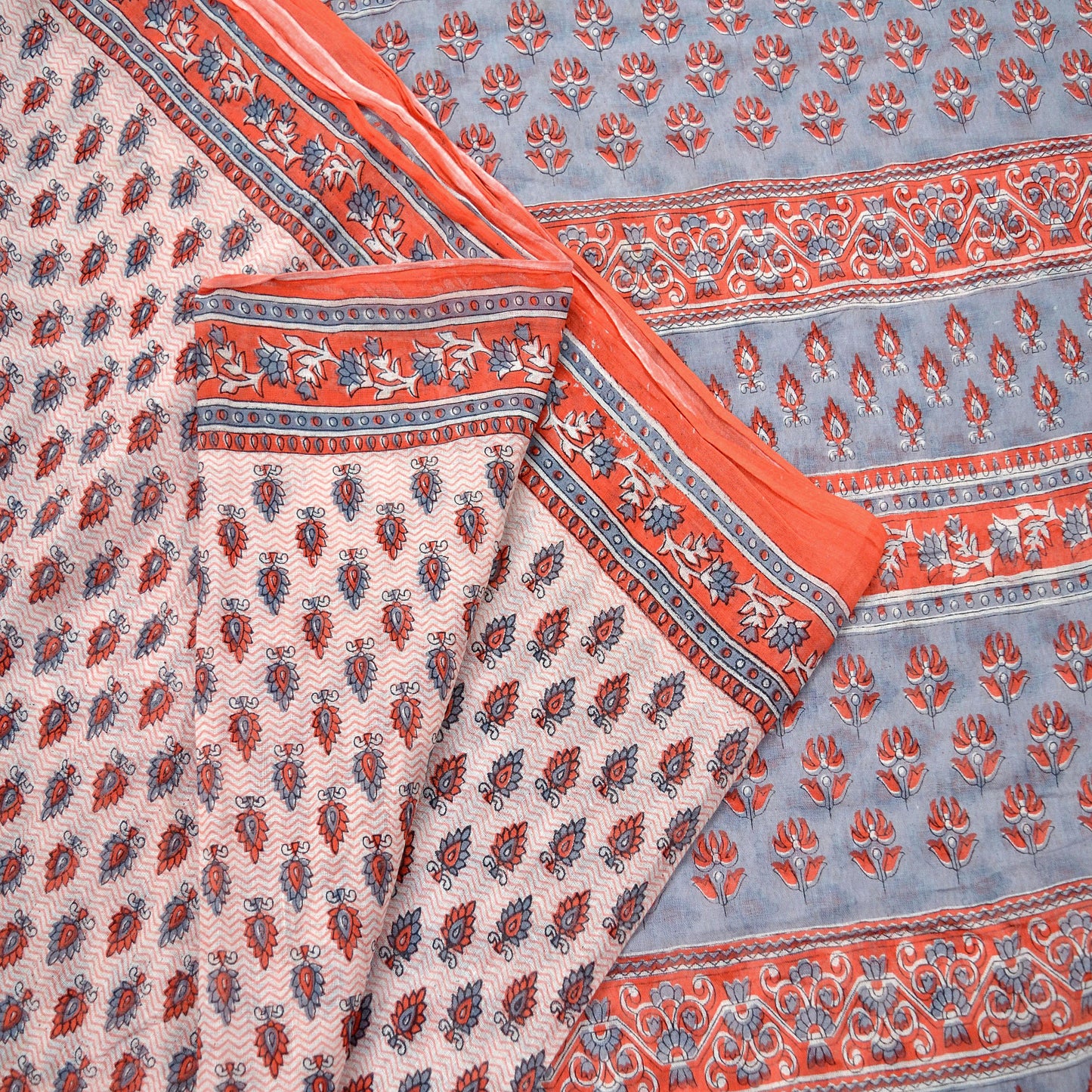Indian Vintage Sari White & Gray Printed 100% Pure Cotton Sarees Craft Soft Fabric 5Yd Sewing Sarong Wrap Boho Floral Dress making Crafting