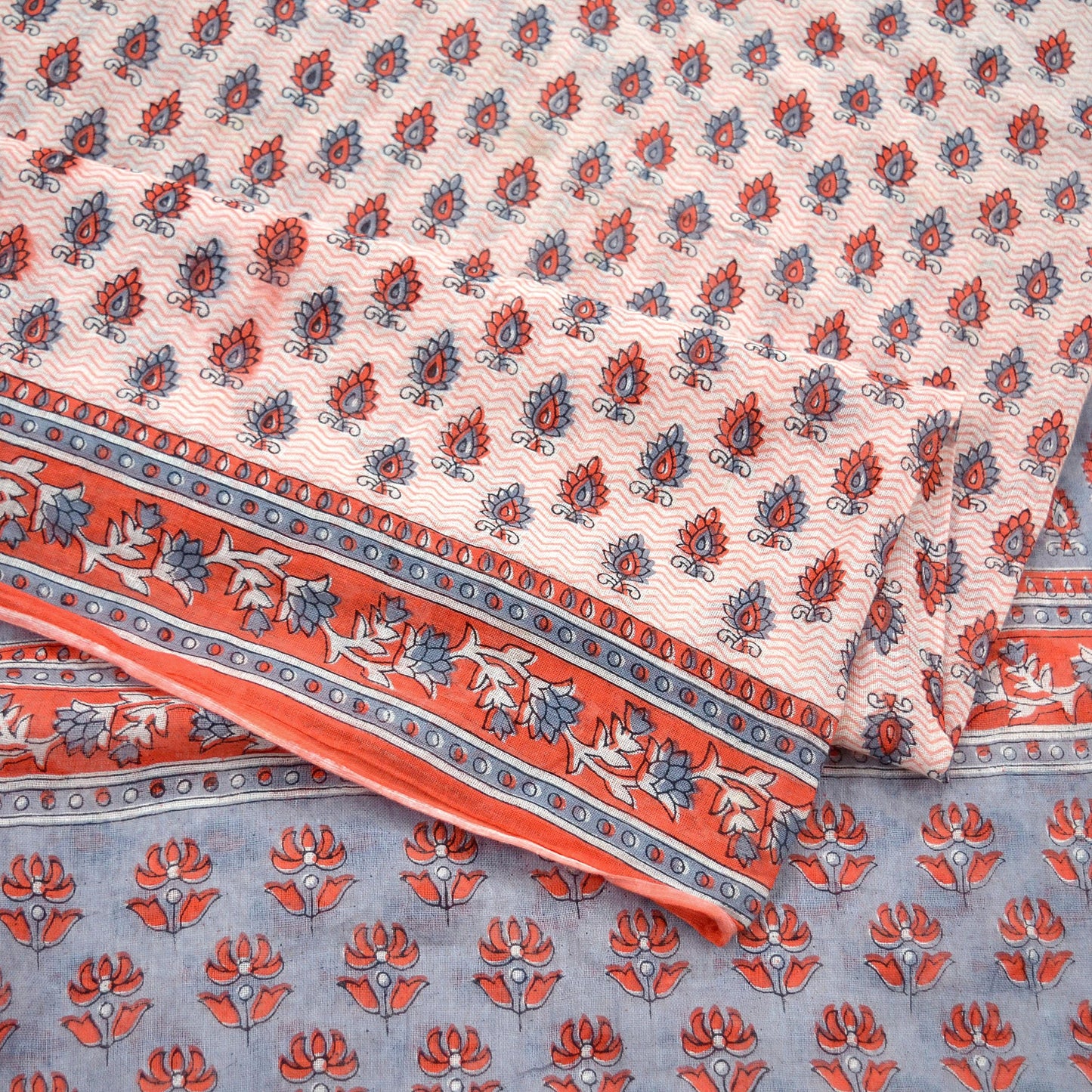Indian Vintage Sari White & Gray Printed 100% Pure Cotton Sarees Craft Soft Fabric 5Yd Sewing Sarong Wrap Boho Floral Dress making Crafting