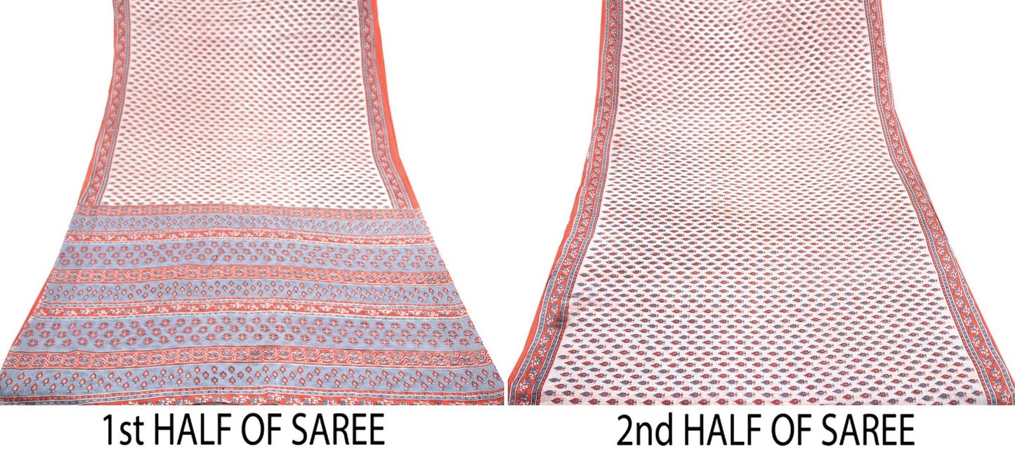 Indian Vintage Sari White & Gray Printed 100% Pure Cotton Sarees Craft Soft Fabric 5Yd Sewing Sarong Wrap Boho Floral Dress making Crafting