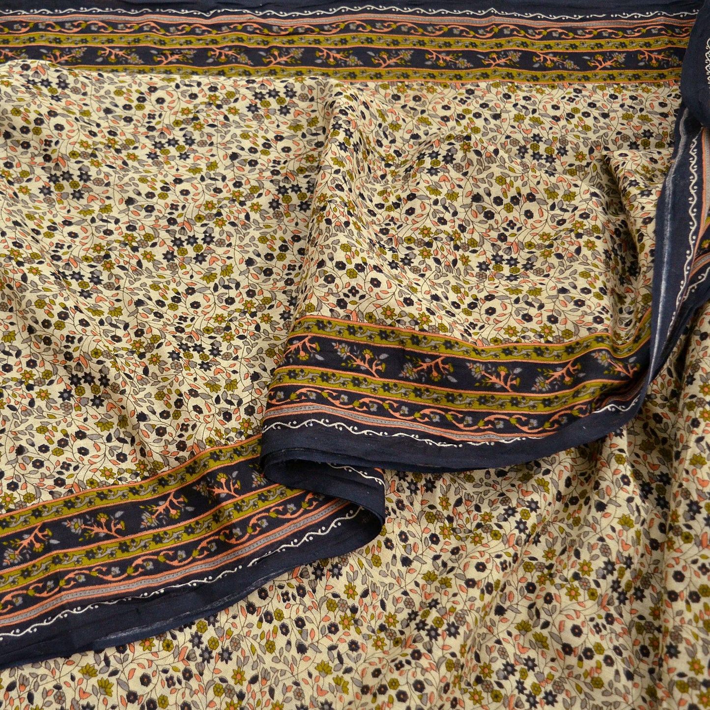 Indian Vintage Sari Ivory Printed Pure Cotton Sarees 5Yd Craft Fabric Soft Sewing Sarong Wrap Boho Upcycle quilting Dress making