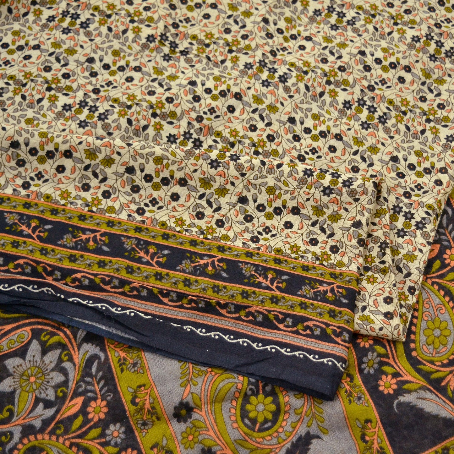 Indian Vintage Sari Ivory Printed Pure Cotton Sarees 5Yd Craft Fabric Soft Sewing Sarong Wrap Boho Upcycle quilting Dress making