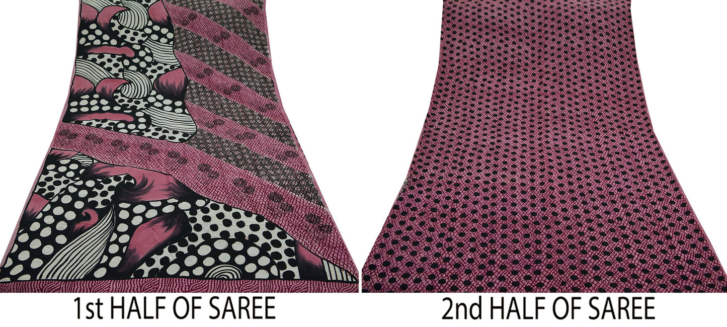 Indian Vintage Sari Pink & Black Pure Crepe Silk Printed Sarees 6yd Sewing Floral Soft Craft Fabric Ethnic Wrap