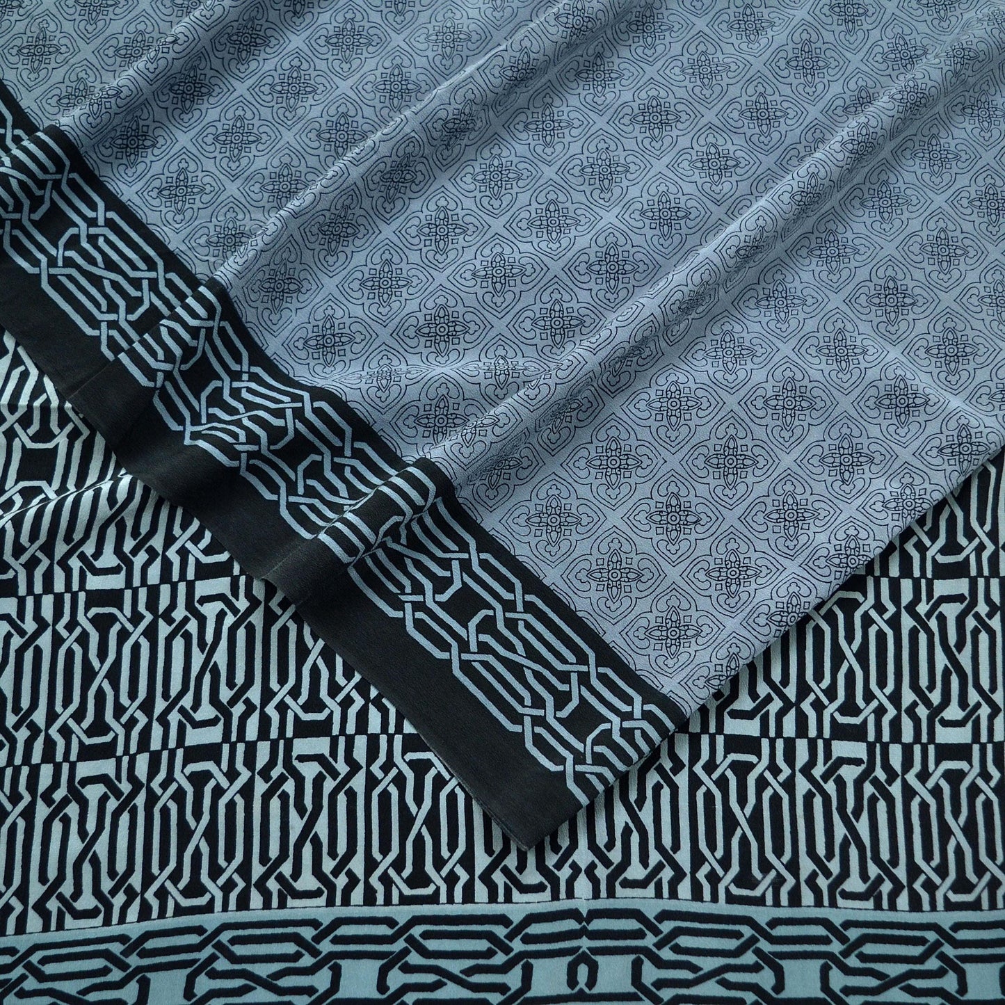 Indian Vintage Gray & Black Saree Pure Crepe Silk Printed Sari Craft Fabric 6yd Sewing Soft Wrap Dress making Crafting Quilting