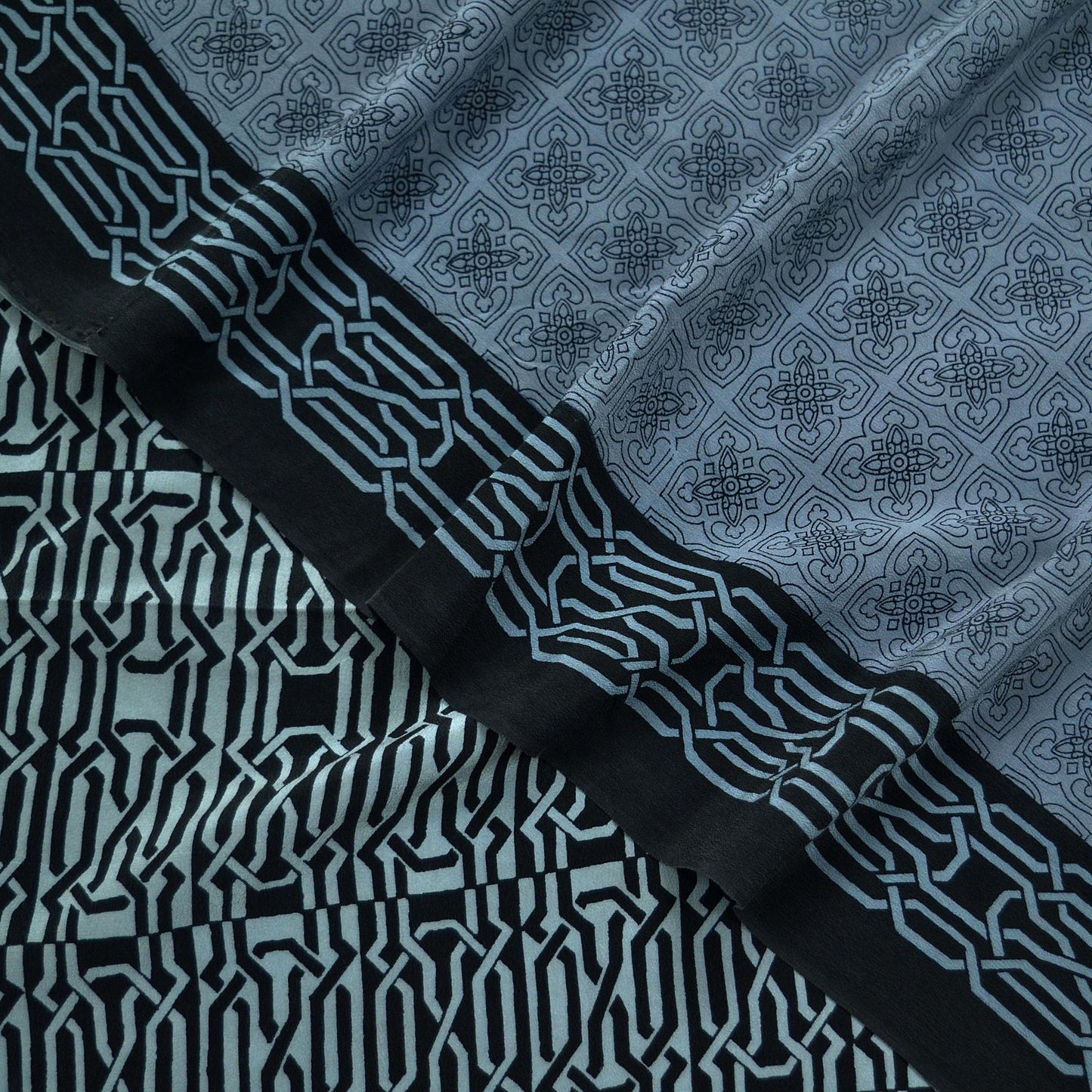 Indian Vintage Gray & Black Saree Pure Crepe Silk Printed Sari Craft Fabric 6yd Sewing Soft Wrap Dress making Crafting Quilting