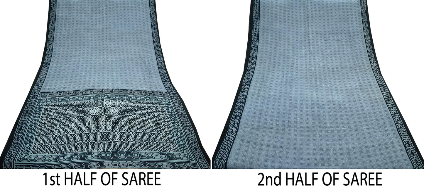 Indian Vintage Gray & Black Saree Pure Crepe Silk Printed Sari Craft Fabric 6yd Sewing Soft Wrap Dress making Crafting Quilting