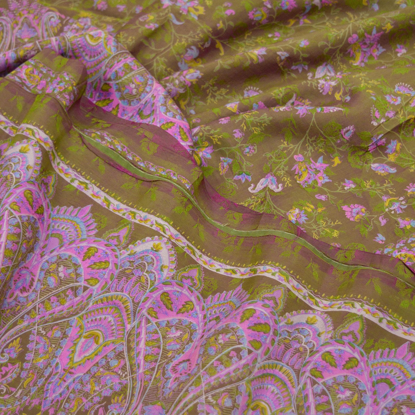 Indian Vintage Sari Green & Pink Pure Silk Printed Sarees 5yd Sewing Craft Fabric Dress Making Soft Wrap Upcycle Used Quilting Crafting