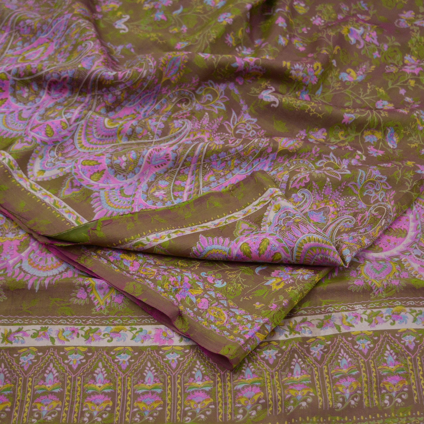 Indian Vintage Sari Green & Pink Pure Silk Printed Sarees 5yd Sewing Craft Fabric Dress Making Soft Wrap Upcycle Used Quilting Crafting