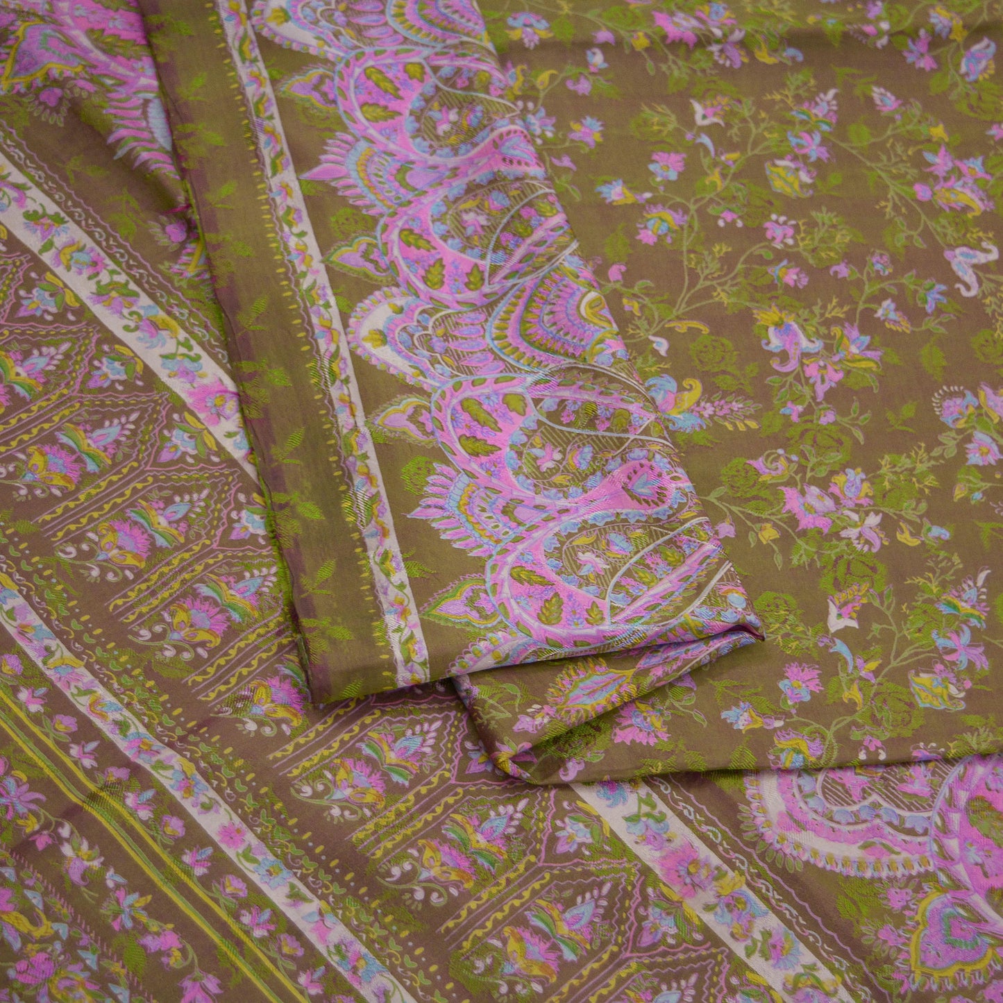 Indian Vintage Sari Green & Pink Pure Silk Printed Sarees 5yd Sewing Craft Fabric Dress Making Soft Wrap Upcycle Used Quilting Crafting