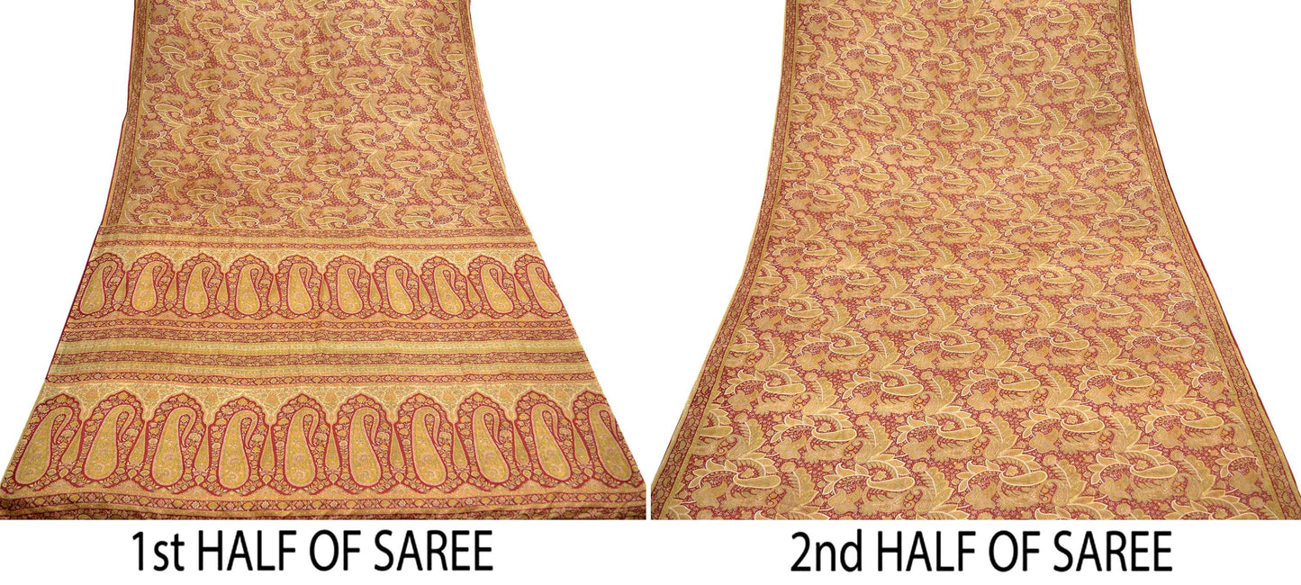 Indian Vintage Sari Dark Red 100% Pure Silk Printed Sarees Craft Fabric 6yard Sewing DressMaking Soft Paisley Crafting Quilting Upcycle