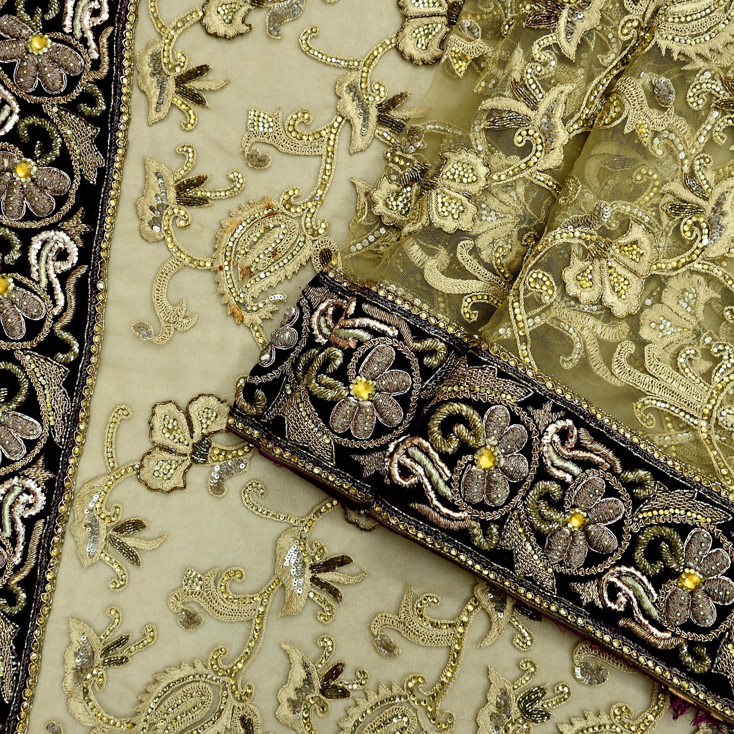 Indian Pre-owned Sari Olive Green Net/Mesh Hand Embroidered Anamika Khanna Designer Sarees Ethnic 6Yd Sewing Zardozi, Zari Wedding Sarees