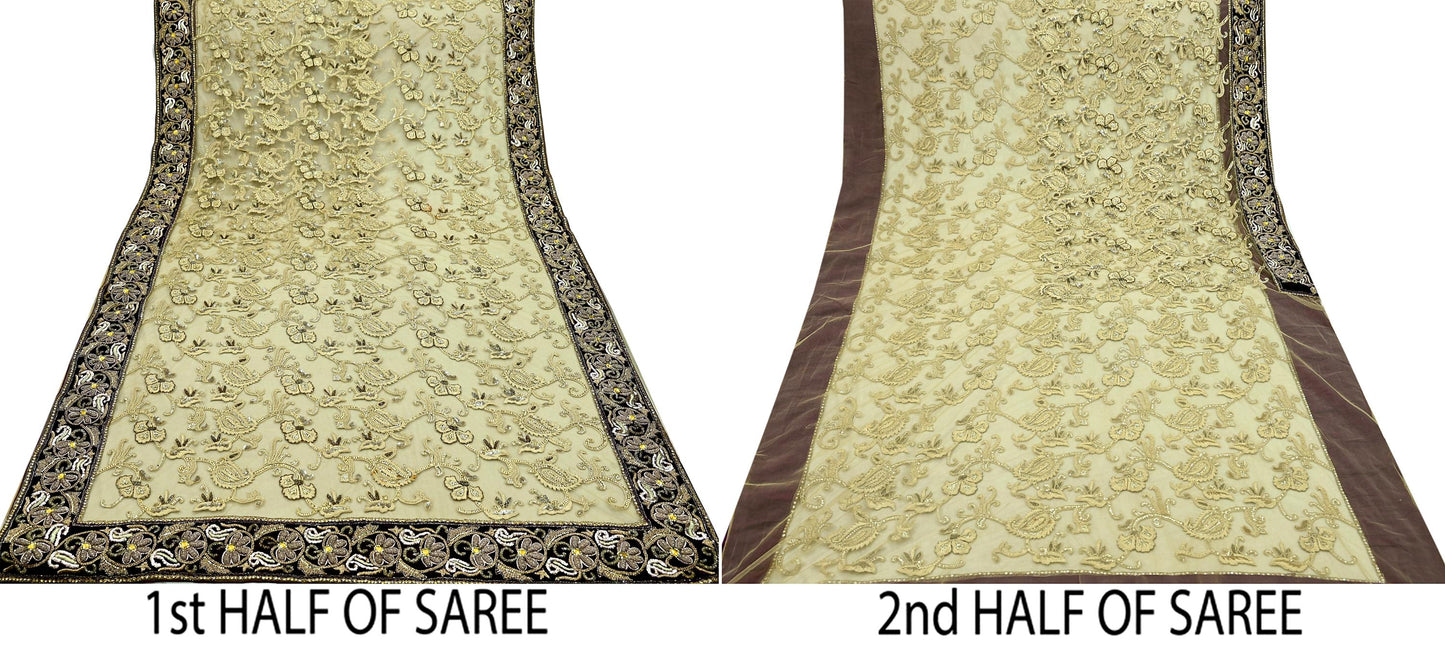 Indian Pre-owned Sari Olive Green Net/Mesh Hand Embroidered Anamika Khanna Designer Sarees Ethnic 6Yd Sewing Zardozi, Zari Wedding Sarees