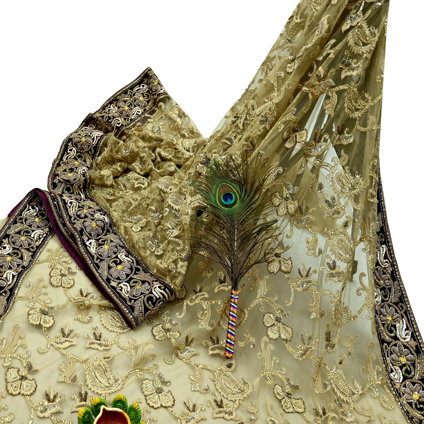 Indian Pre-owned Sari Olive Green Net/Mesh Hand Embroidered Anamika Khanna Designer Sarees Ethnic 6Yd Sewing Zardozi, Zari Wedding Sarees