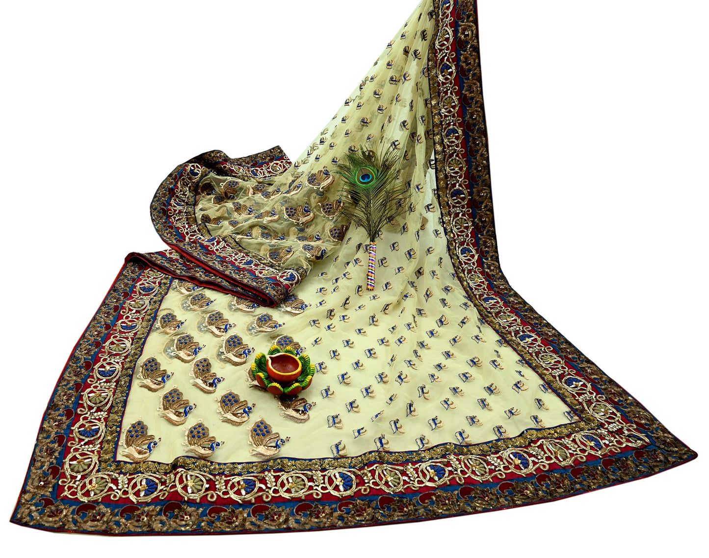 Indian Pre-owned Sari Ivory Net/Mesh Hand Embroidered Anamika Khanna Designer Sarees Ethnic 6Yd Sewing Zardozi, Zari Wedding Sarees