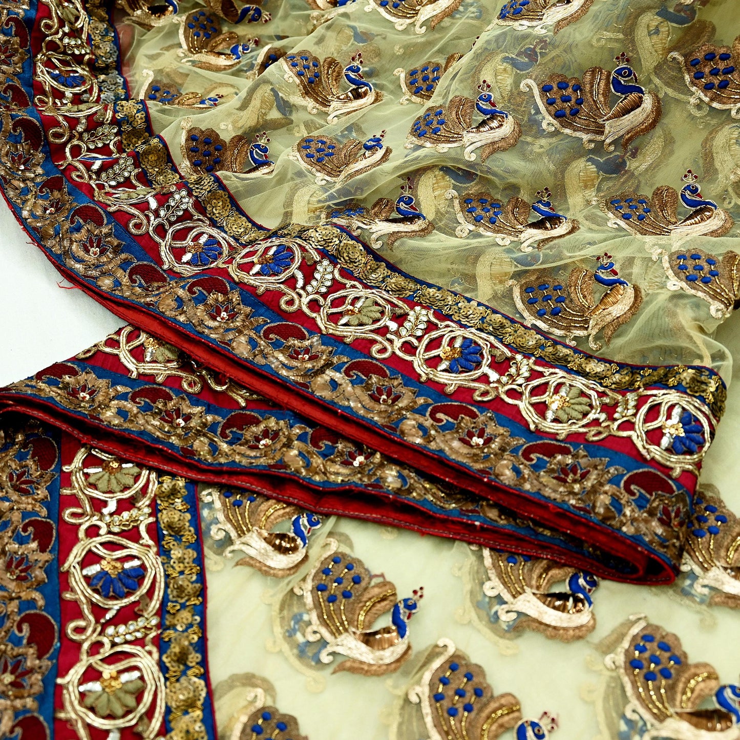 Indian Pre-owned Sari Ivory Net/Mesh Hand Embroidered Anamika Khanna Designer Sarees Ethnic 6Yd Sewing Zardozi, Zari Wedding Sarees