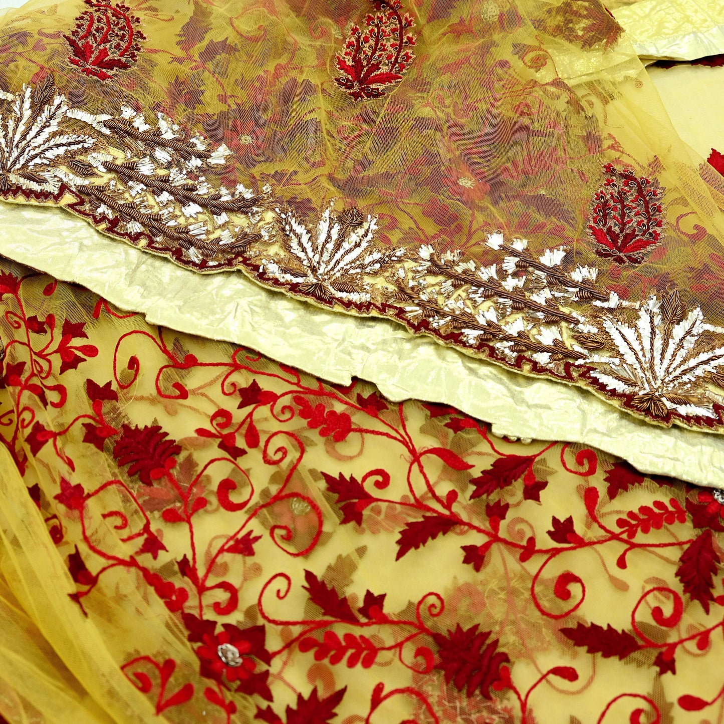Indian Pre-Owned Sari Mustard Net/Mesh Hand Embroidered Designer Manish Malhotra Sarees 6Yd Ethnic Zardozi/Dabka Zari Wedding Saree