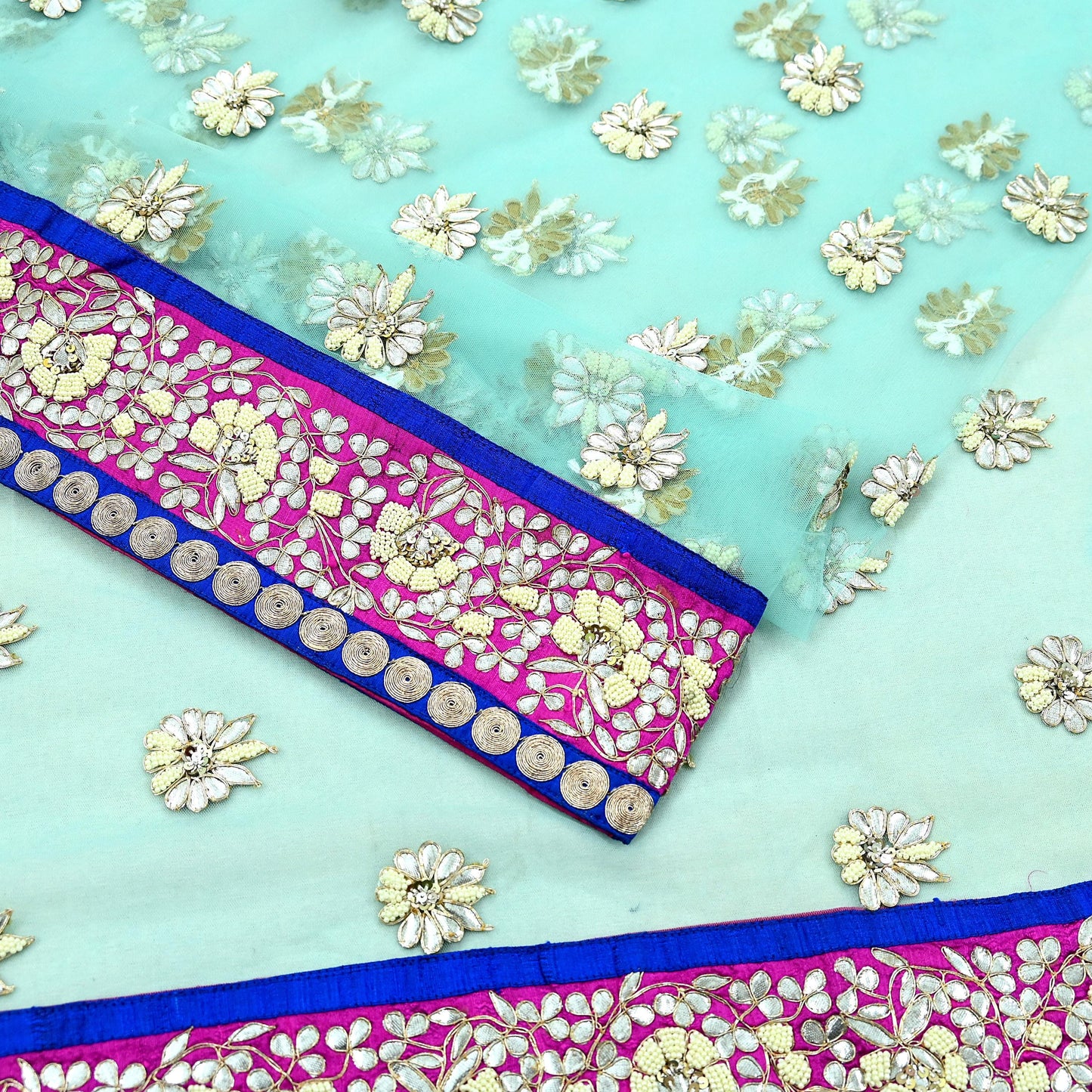 Indian Pre-Owned Sari Blue Net/Mesh Hand Embroidered Designer Manish Malhotra Sarees 6Yd Ethnic Gota Patti Zari Wedding Sarees