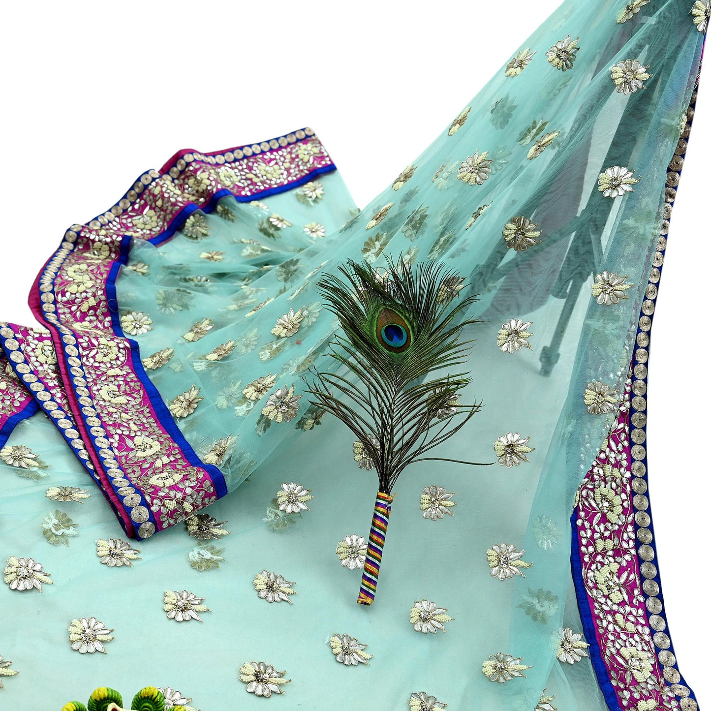 Indian Pre-Owned Sari Blue Net/Mesh Hand Embroidered Designer Manish Malhotra Sarees 6Yd Ethnic Gota Patti Zari Wedding Sarees