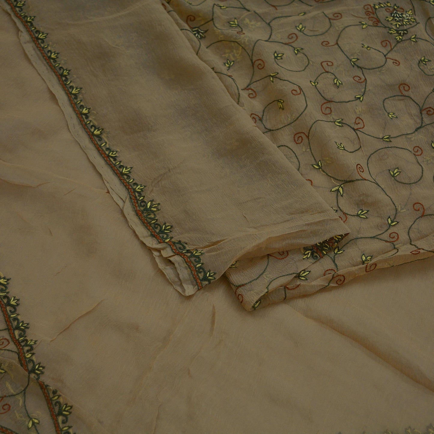 Indian Vintage Beige Dupatta Pure Chiffon silk Long Stole Hand Embroidered Scarves Floral Design Stole Veil Wrap Zardozi/ Dabka