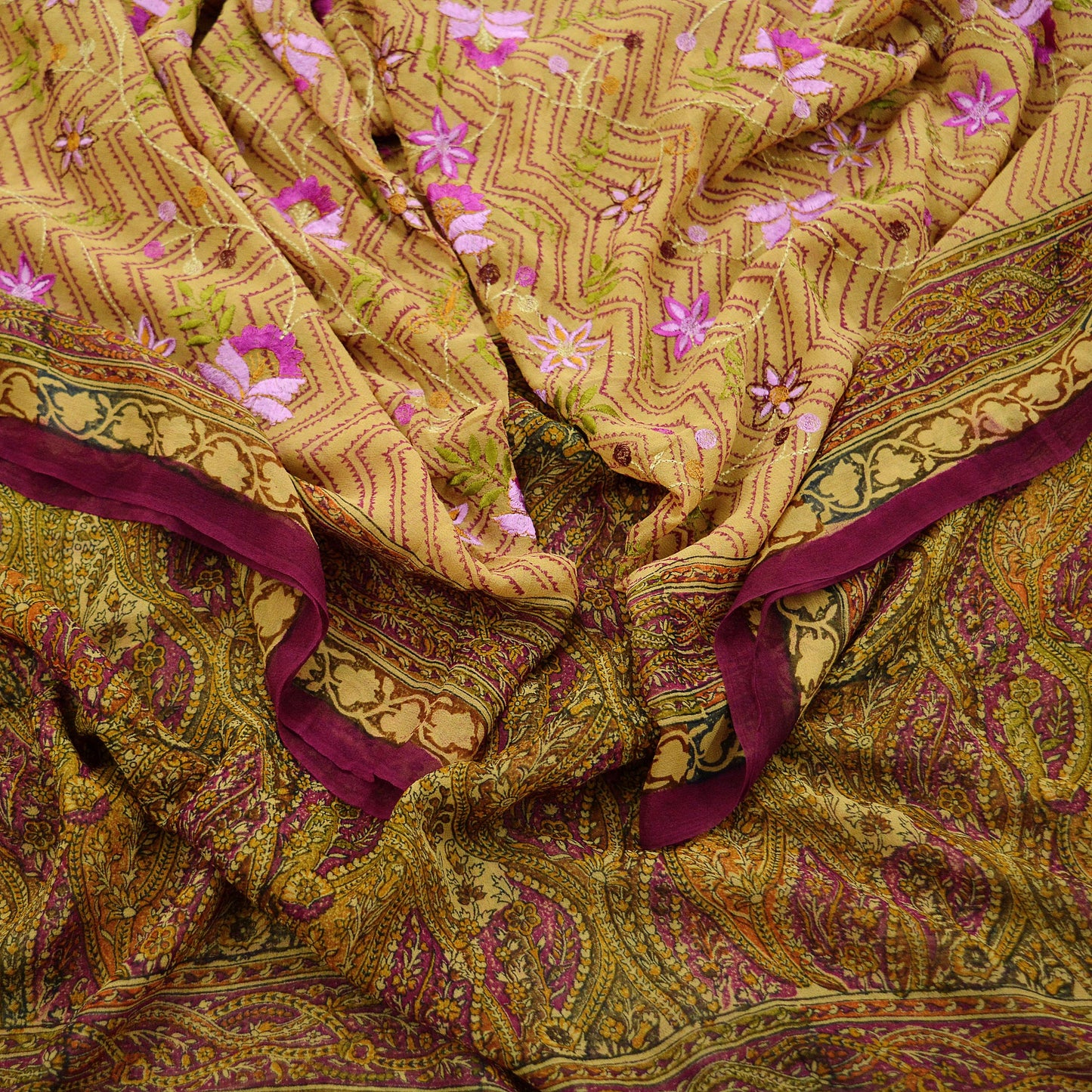 Indian Vintage Dupatta Purple & Beige Long Stole Hand Beaded Printed Pure Georgette Silk Indian Scarves Veil Wrap Soft Floral