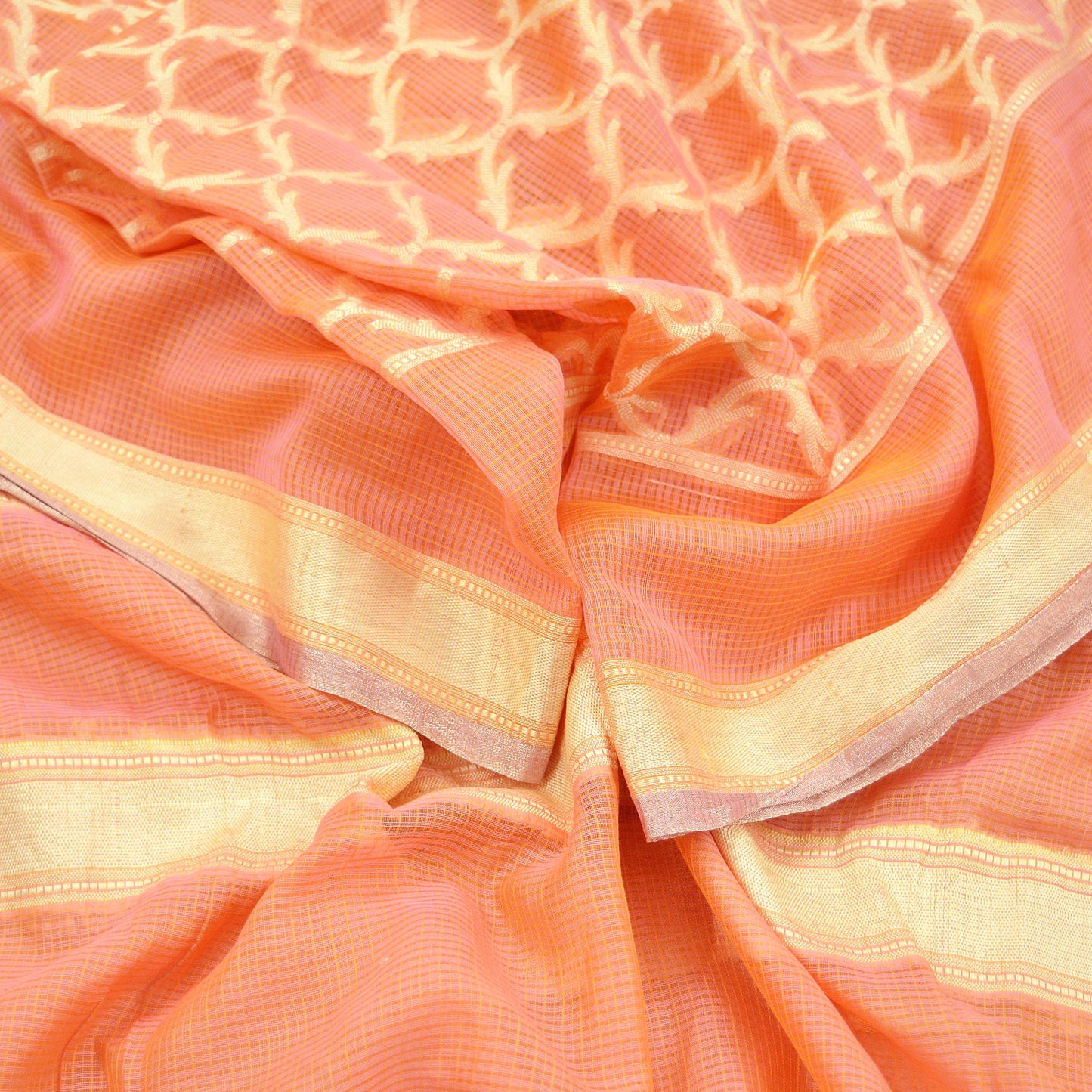 Indian Vintage Dupatta Peach Organza Long Stole Woven Scarves Veil Zari Soft Floral Design