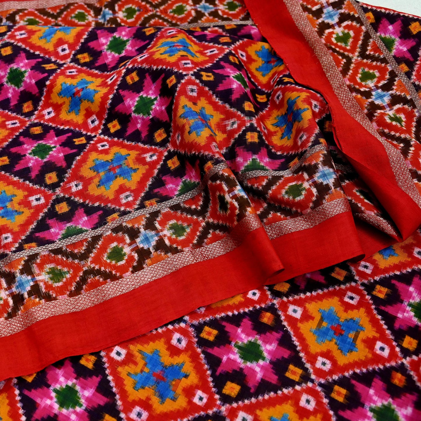 Indian Antique Vintage Red Sari Hand Woven Double Ikat Patola Sarees 100% Pure Silk Craft Fabric 5Yd Dress Making Sewing For wearing